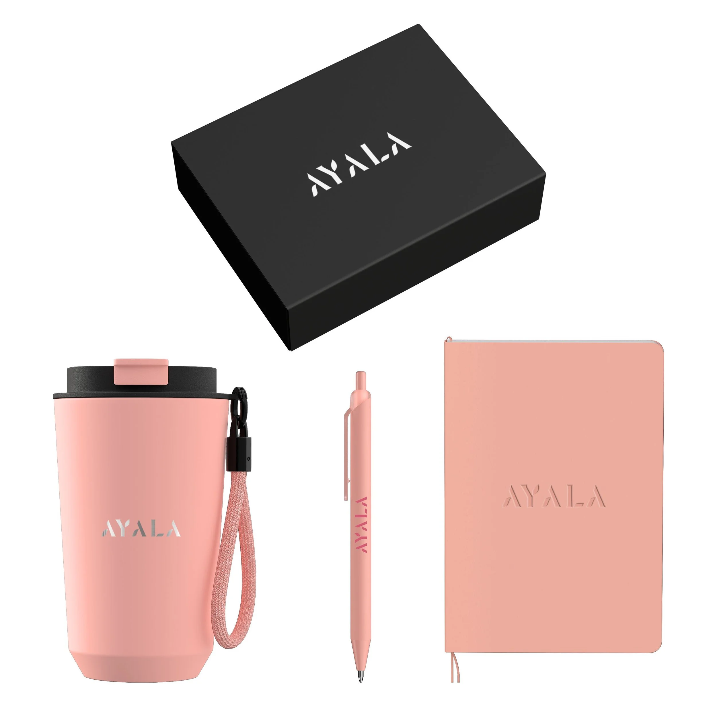 Melon coloured tumbler, pen, and notebook trio shown alongside their black gift box.