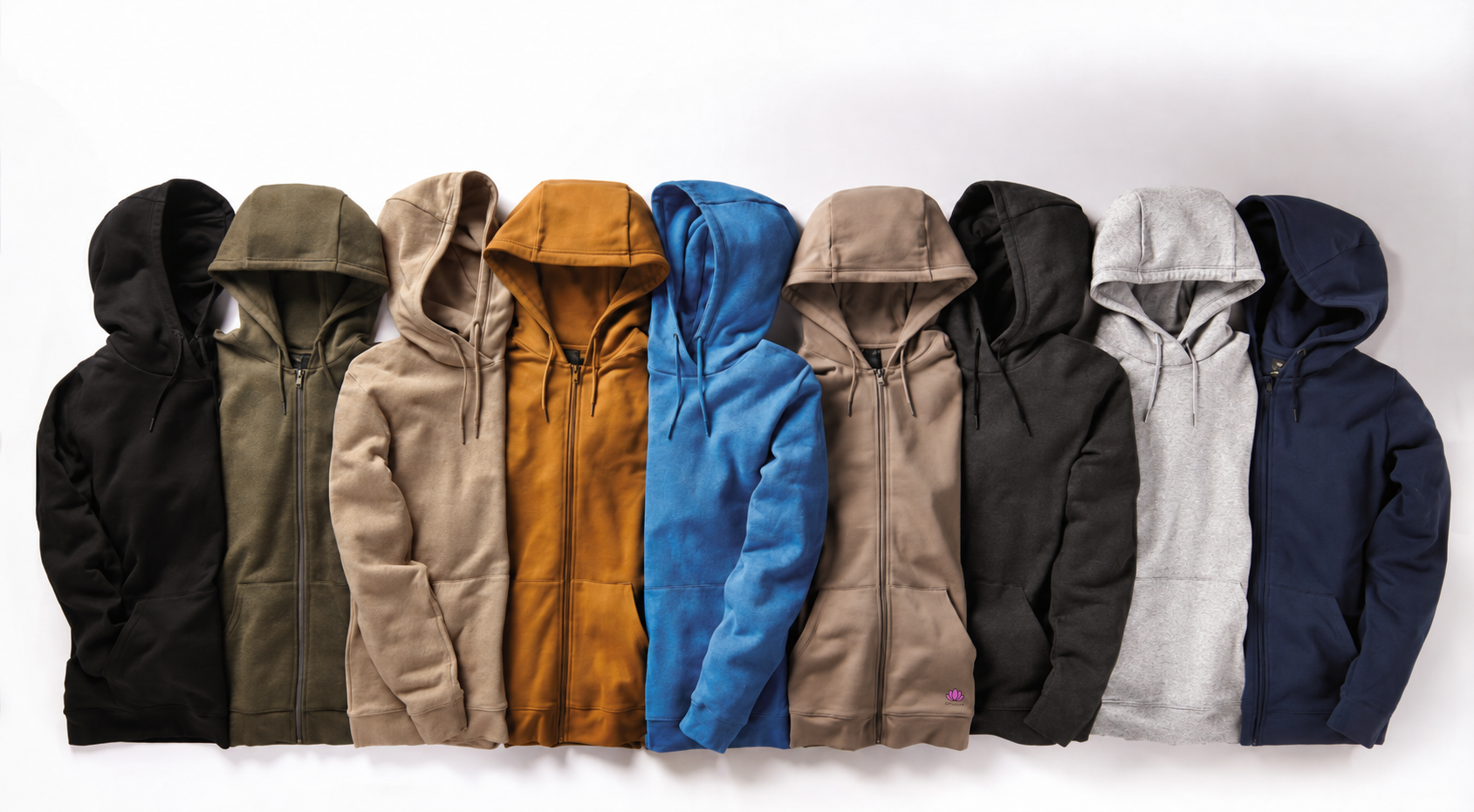 Row of custom branded hoodies in assorted colours