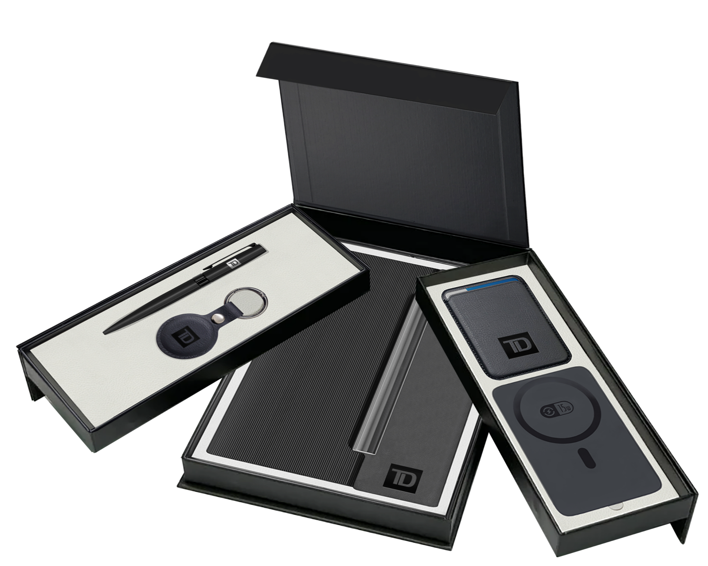 Black executive gift set that opens to display a pen, journal, keychain, wallet and power bank, all with the logo for td bank
