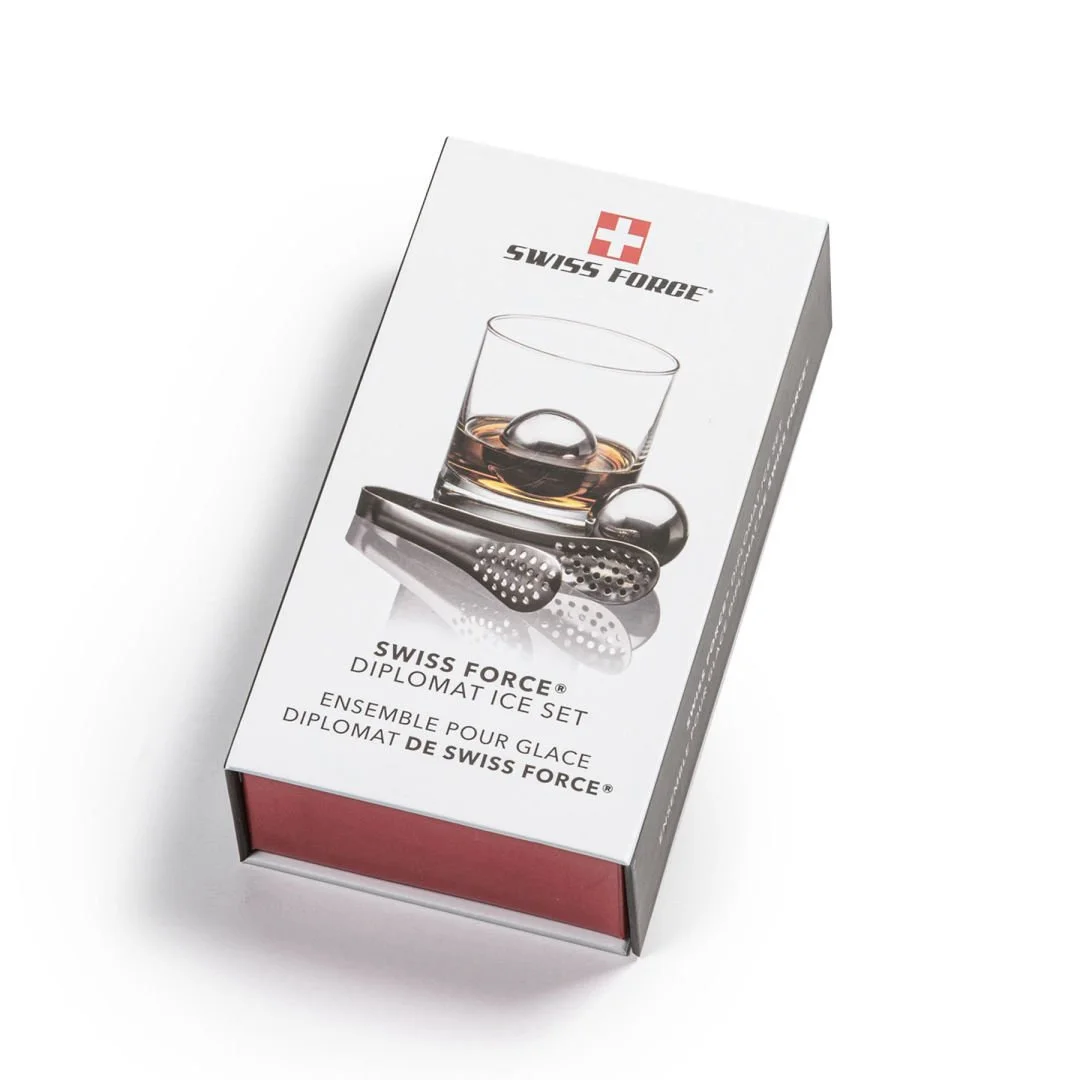 Swiss Force Set of 2 Whiskey Balls and Tongs | Custom Gift Sets – closed retail packaging box with logo