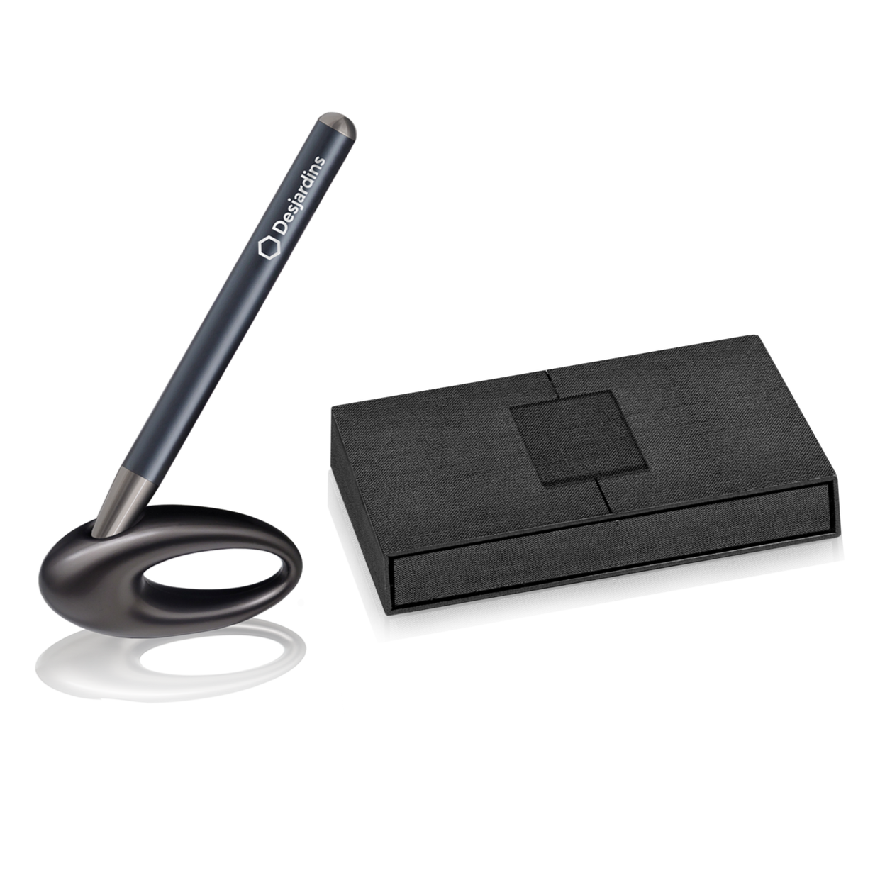 Culmer Black Label Studio pen balanced in its curved chrome stand beside the closed black gift box, a favourite for Ontario corporate orders.