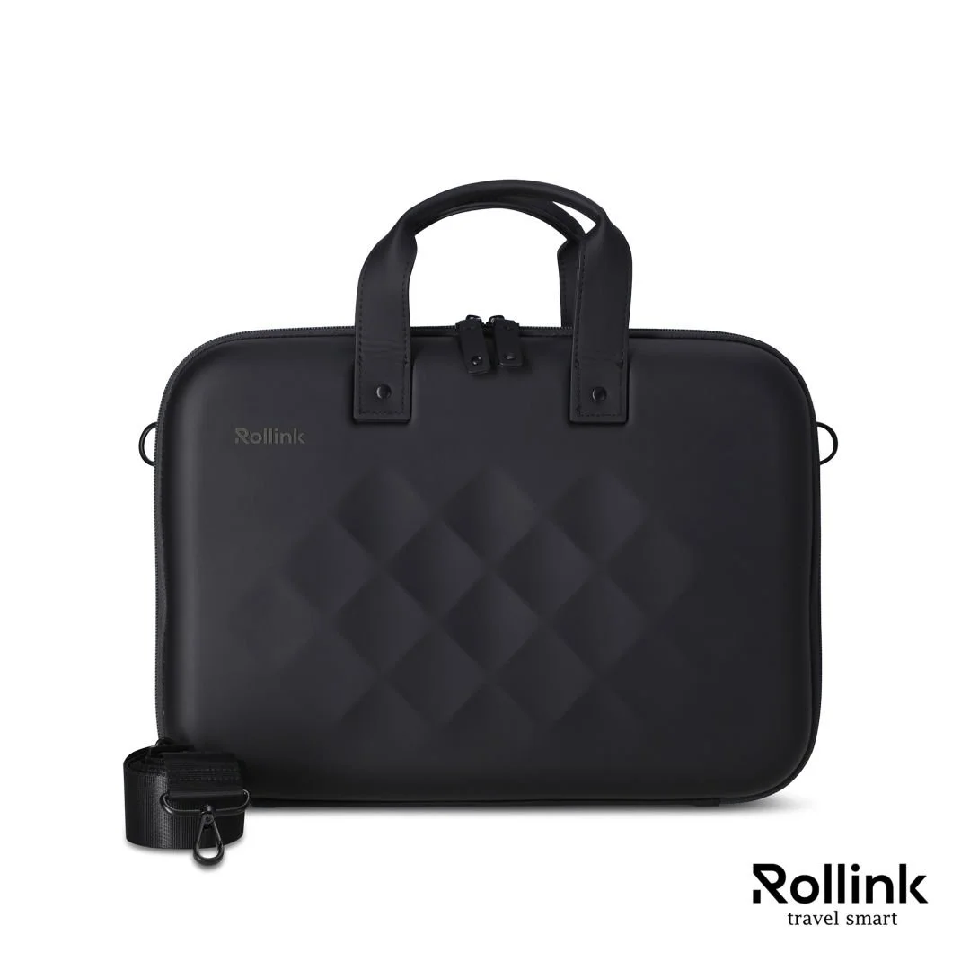 Black Rollink Tour hard shell laptop case with quilted texture, front view with strap hanging