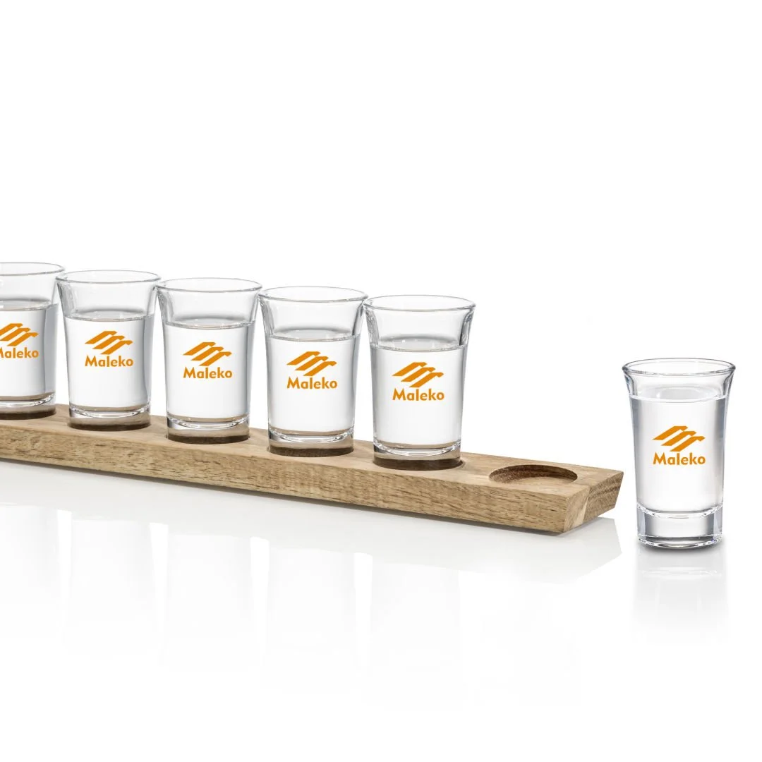 Shot Glasses Set on Acacia | Canadian Corporate Gifts – custom printed shot glass set on wood holder angled view