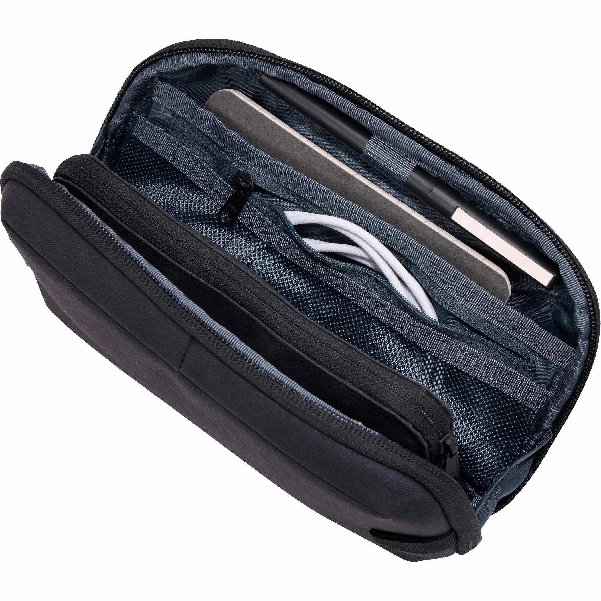 Open Thule Aion travel organizer with cables, a phone and accessories in mesh pockets