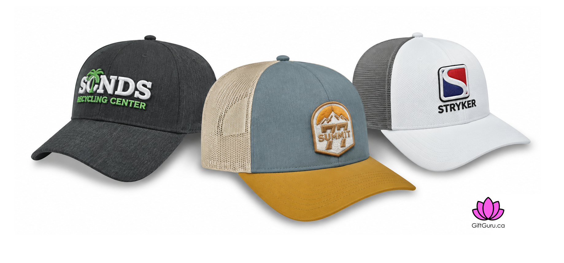 Three baseball caps in neutral colours with embroidered and patch logos