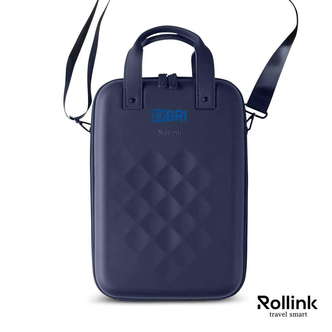Navy Rollink Go 15.6 inch vertical hard shell laptop case with top handles, shoulder strap and a blue logo on the front