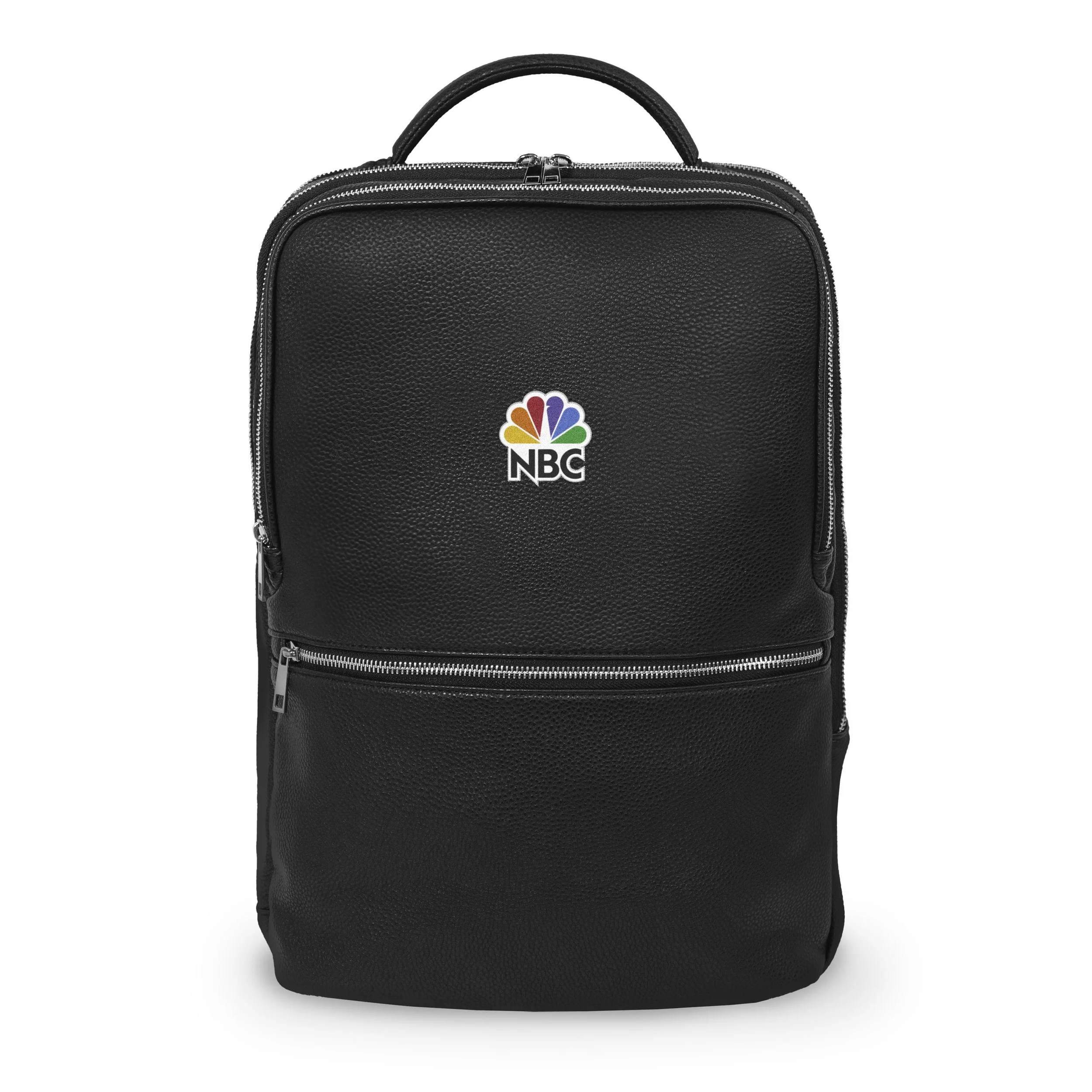 The same black Vanguard backpack shown from the front, printed with a colourful sample logo, packed for an Ontario client.