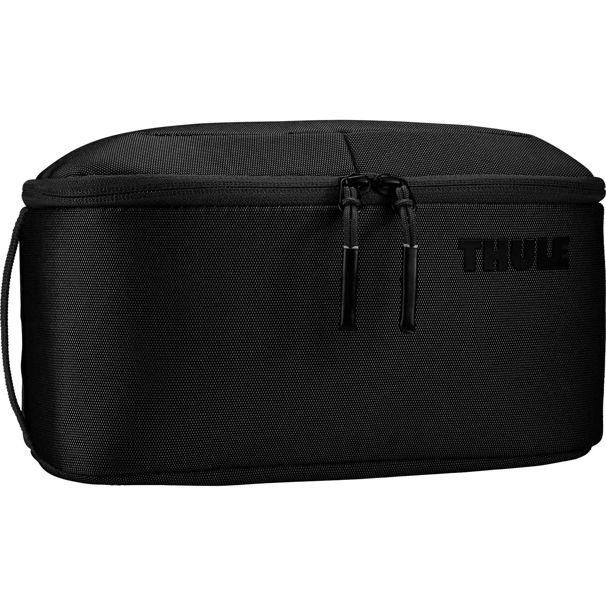 Closed black Thule Subterra 2 toiletry bag at an angle with textured ripstop fabric