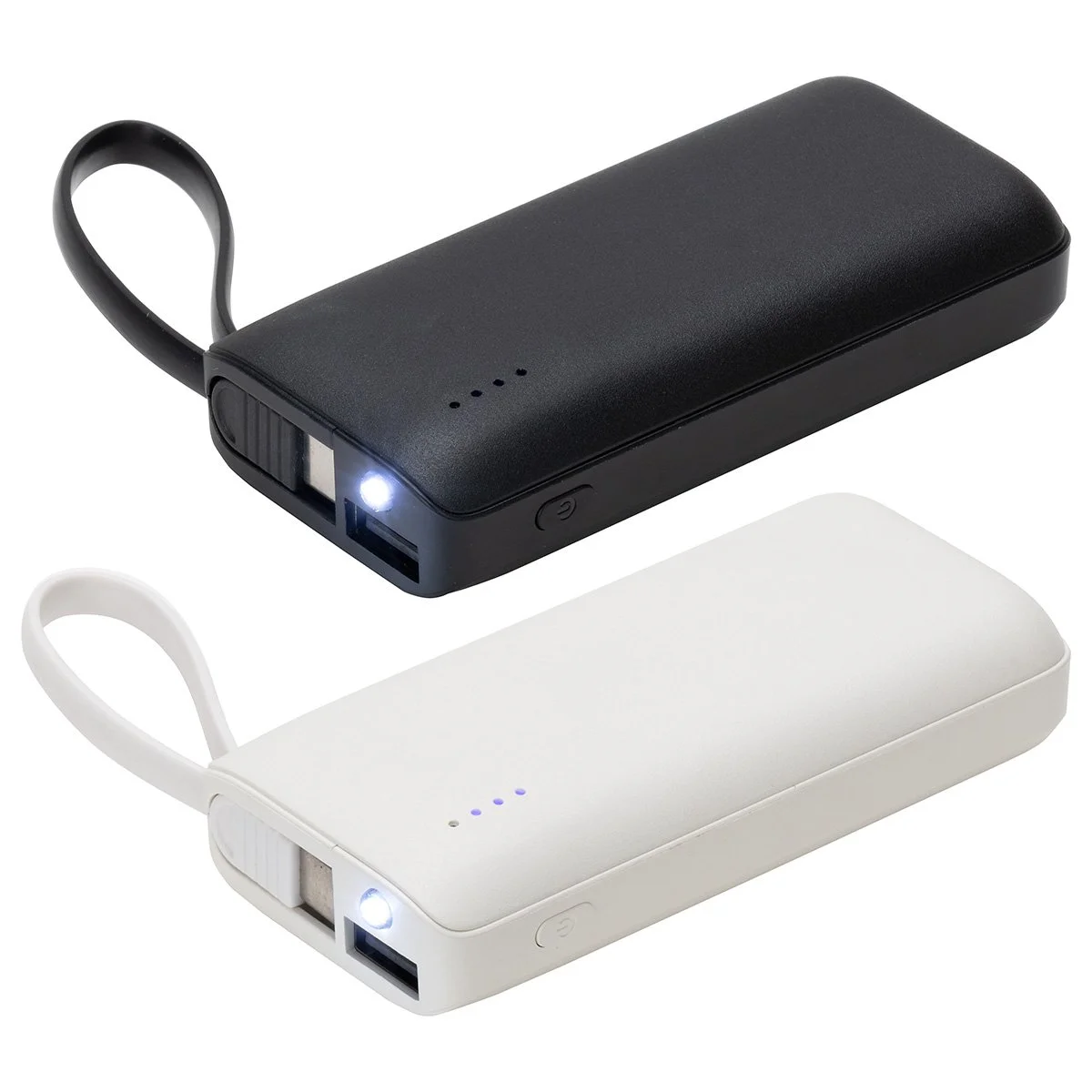 Black and white 5000 mAh power banks with wrist loops and a front flashlight stacked together, a Canadian travel gift