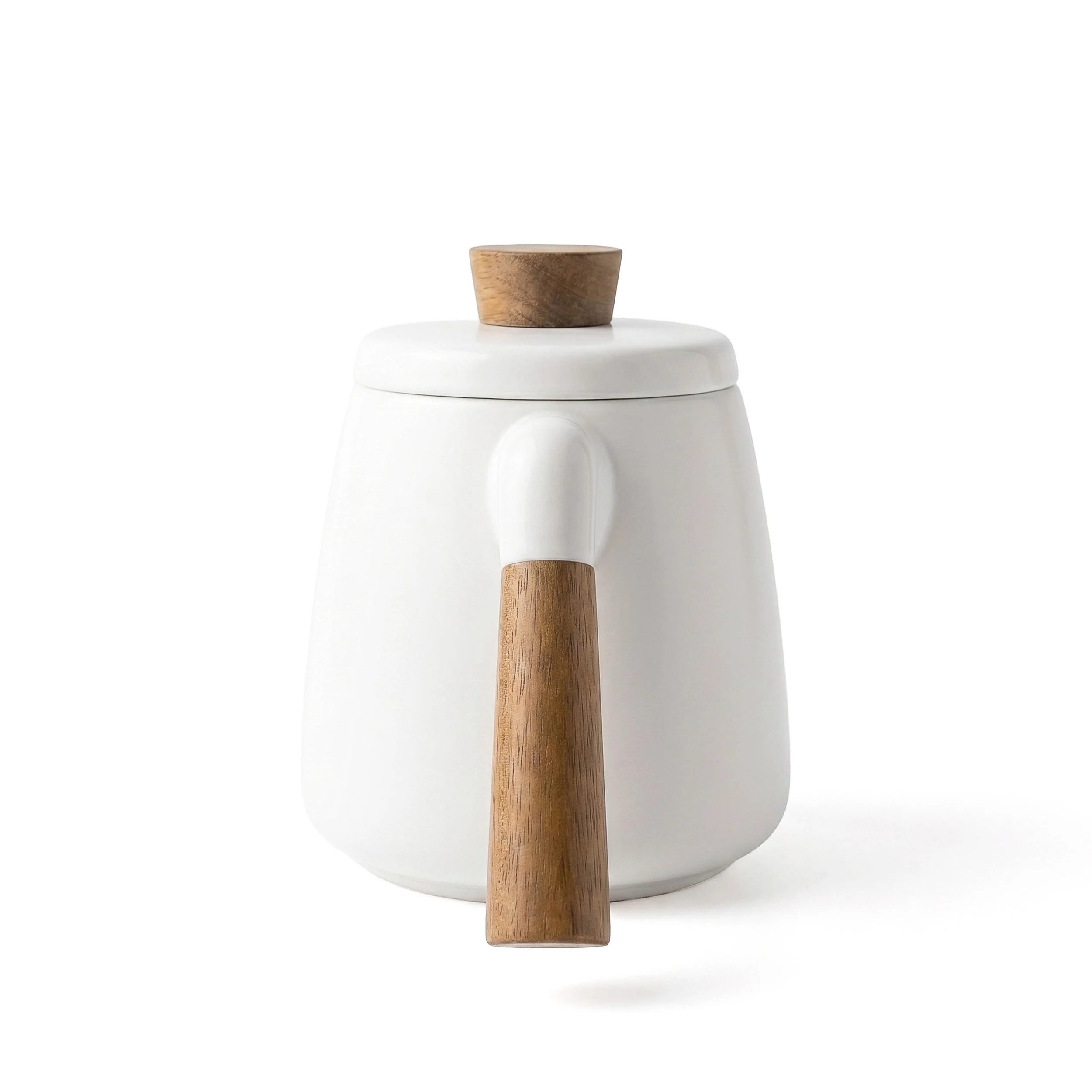 The stoneware kettle alone, straight on, showing its curved acacia wood handle running down the side.