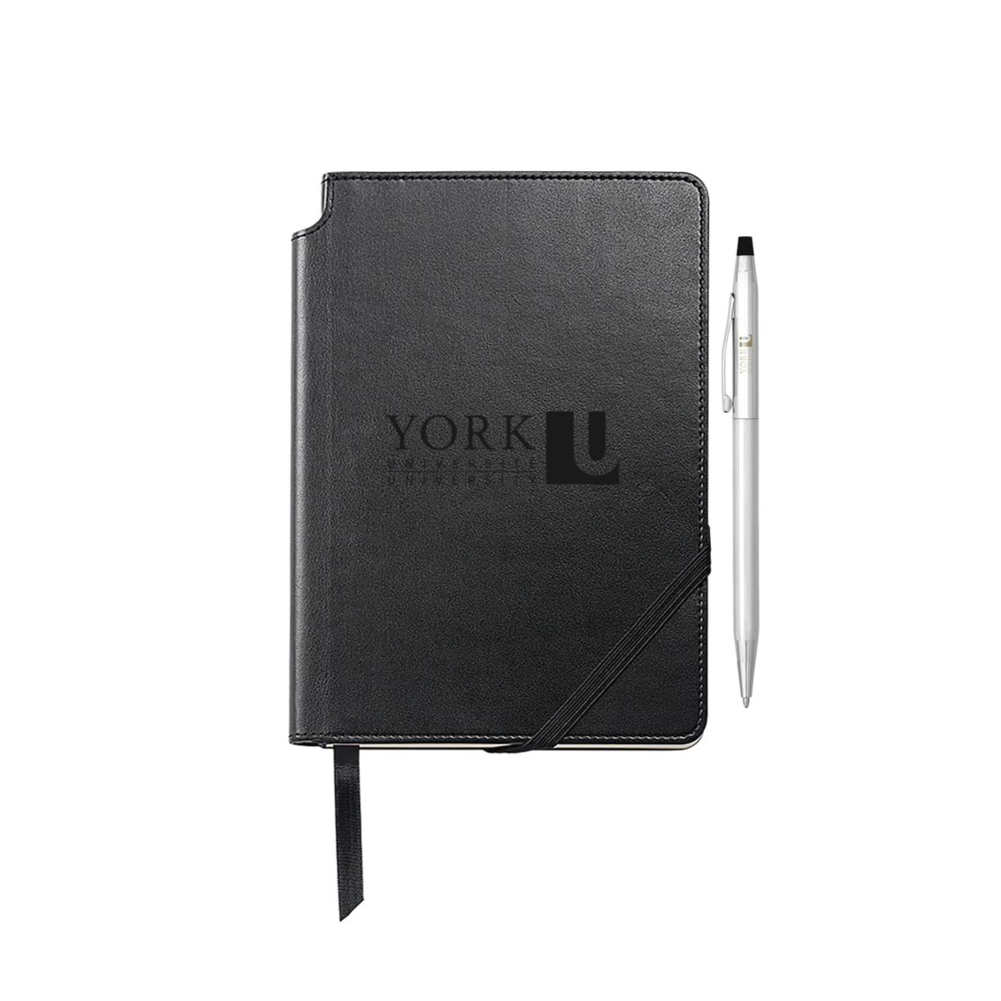 The black journal shown closed and standing, debossed with a sample "YORK U" logo, with the chrome pen leaning against it.