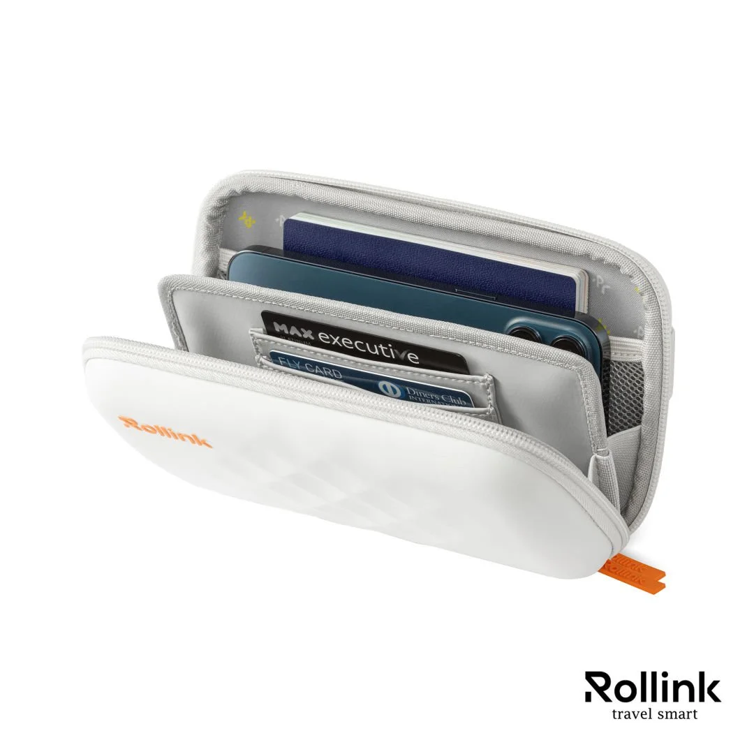 Open white Rollink Tour Mini Bag showing interior card and passport pockets