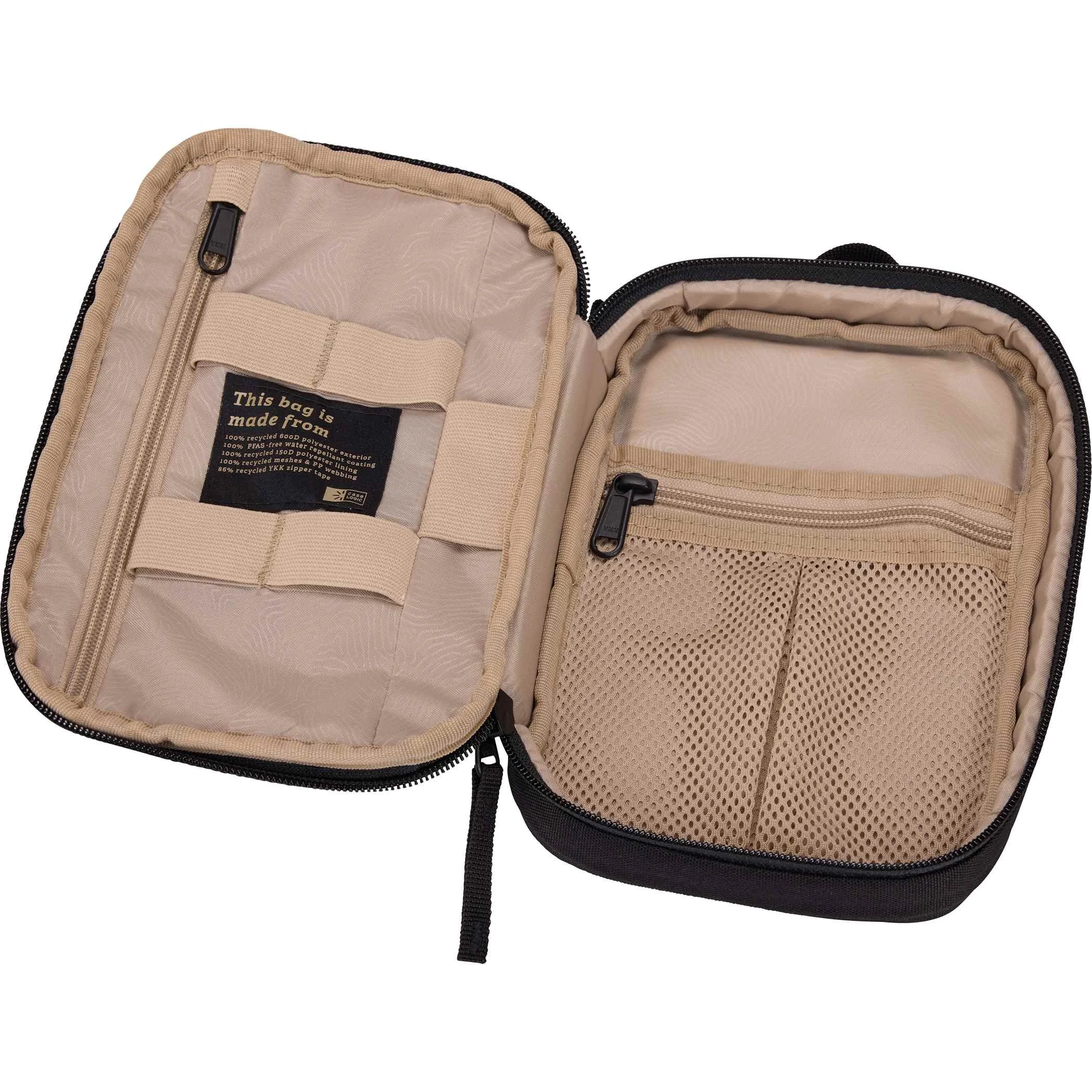 Open Case Logic Invigo accessory case showing tan lining, mesh pockets and elastic organizer loops