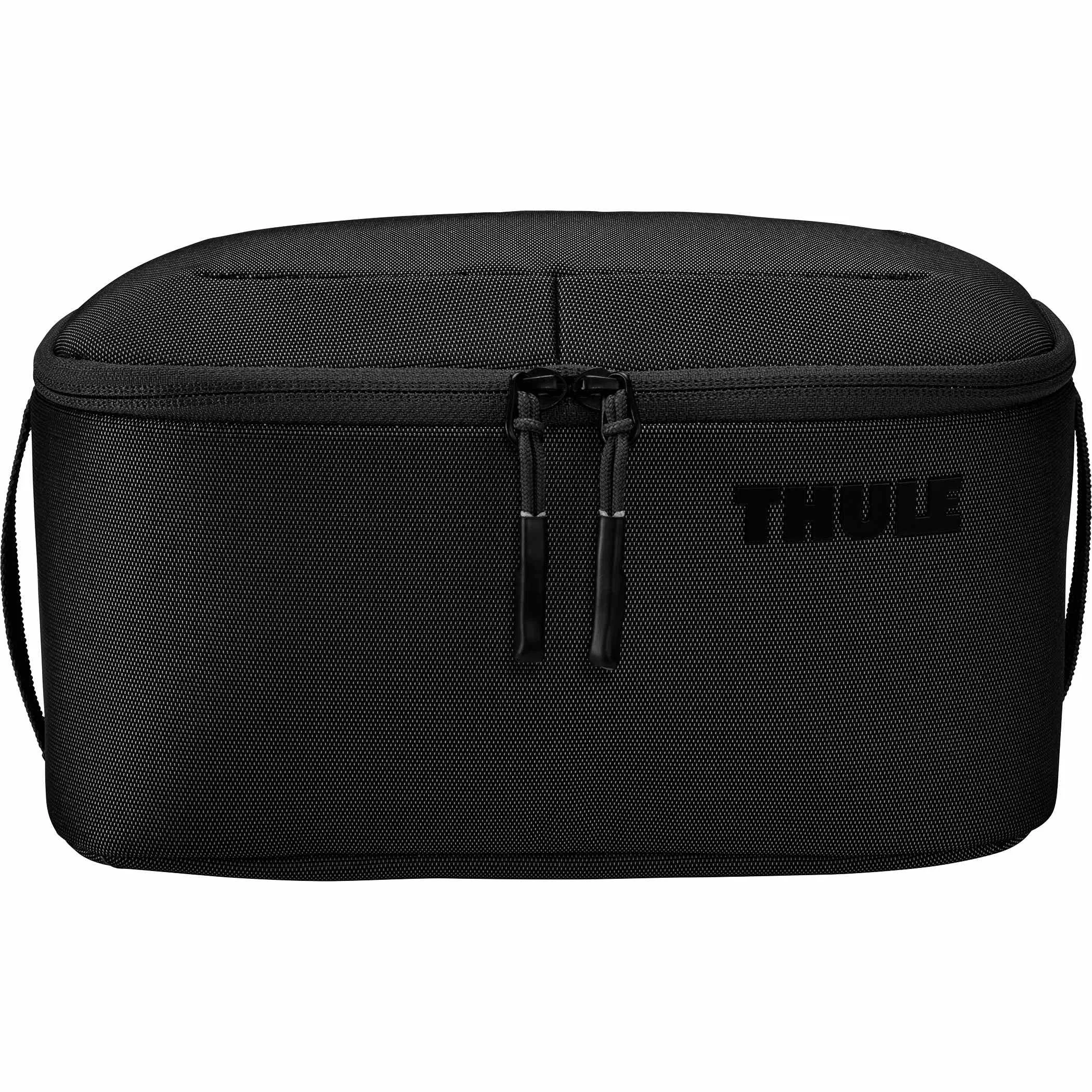 Black Thule Subterra 2 toiletry bag, closed front view with zipper and Thule logo
