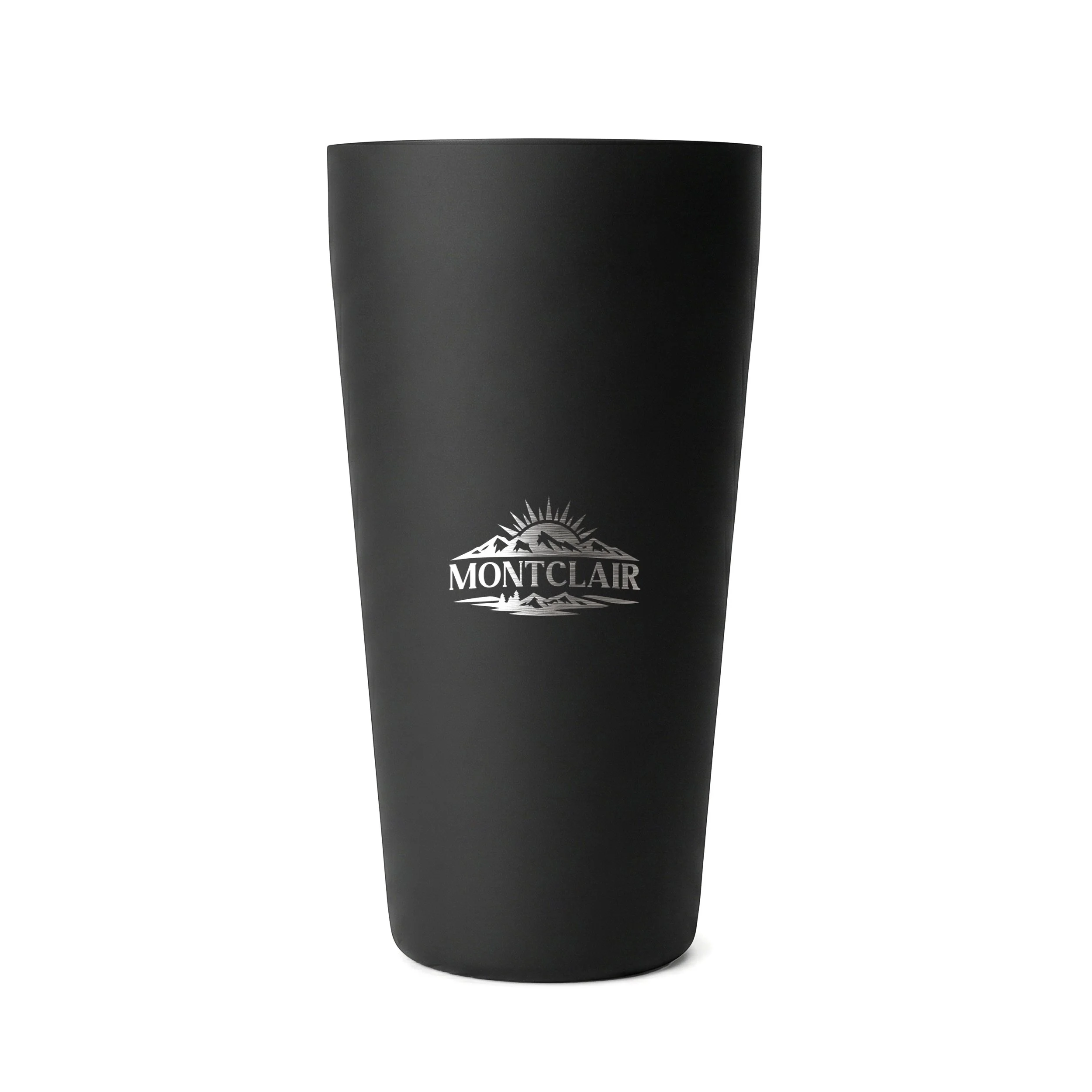 Single matte black cocktail shaker tin standing alone with the Montclair mountain-crest logo on its front.