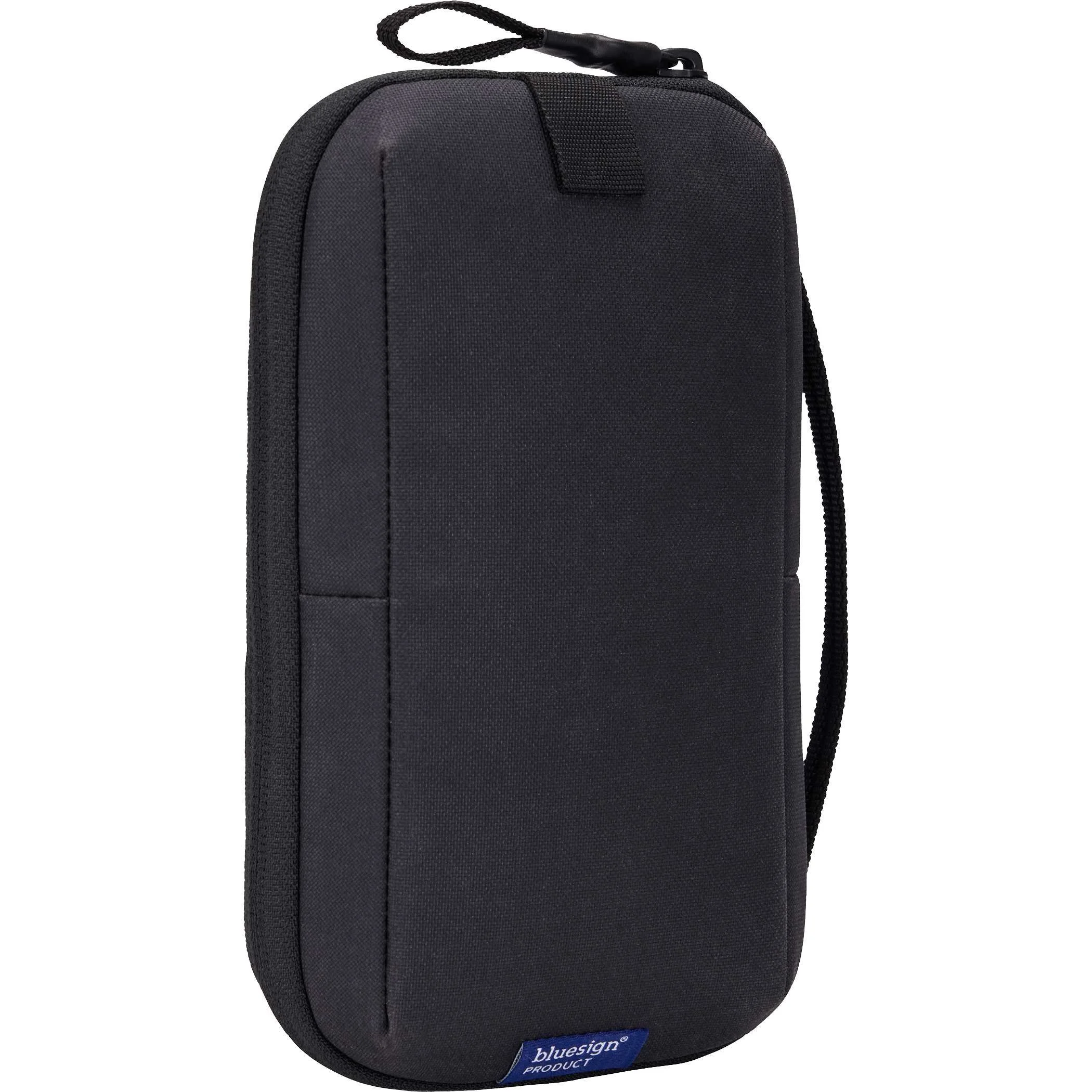 Black Thule Aion travel organizer standing upright with a woven bluesign label at the base