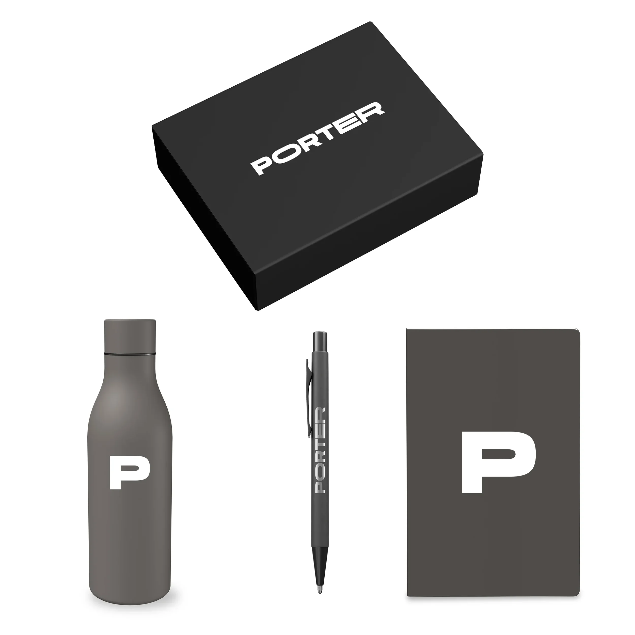 Grey insulated bottle, matching pen and journal arranged next to the closed Porter gift box.