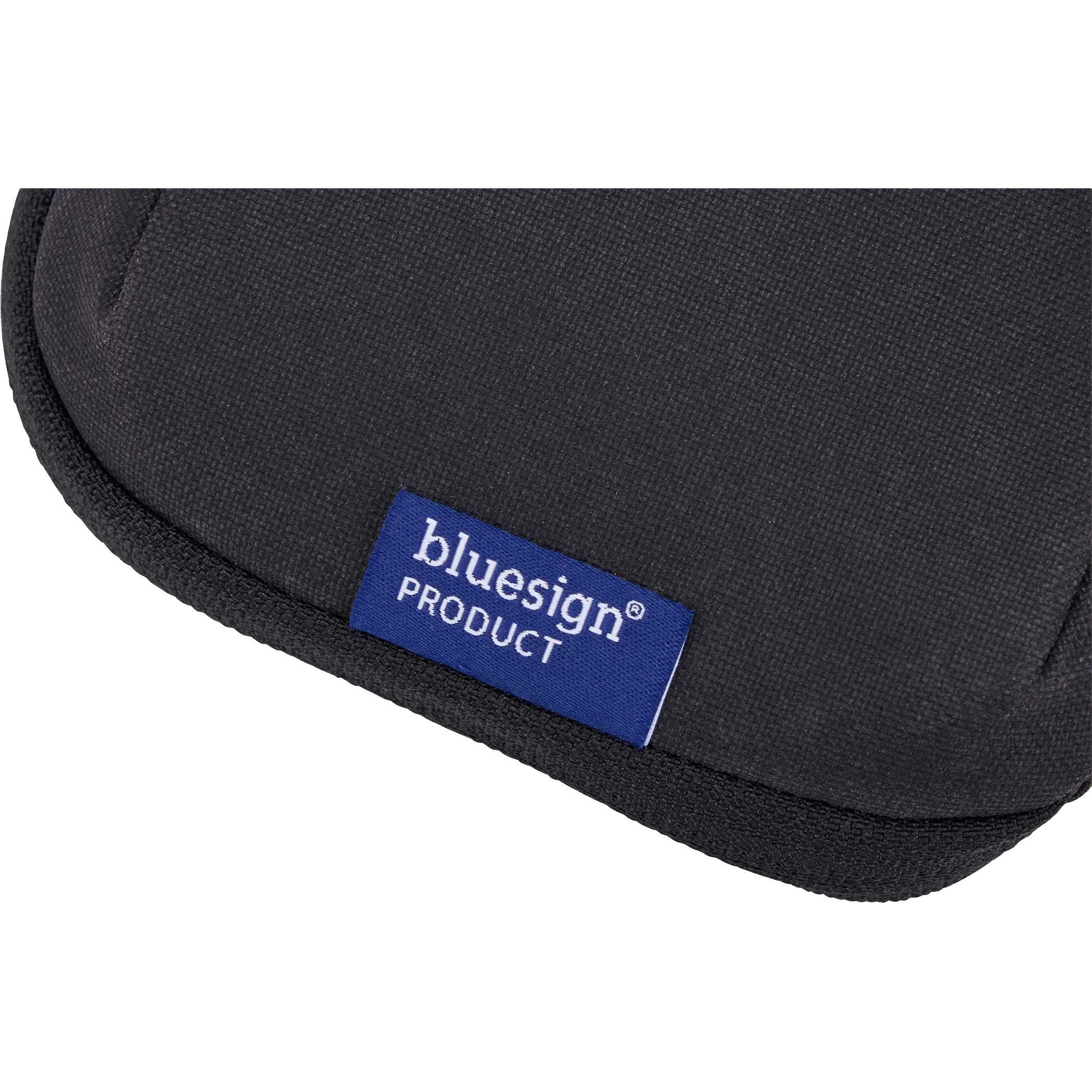 Close-up of a bluesign product label on black Thule Aion organizer fabric