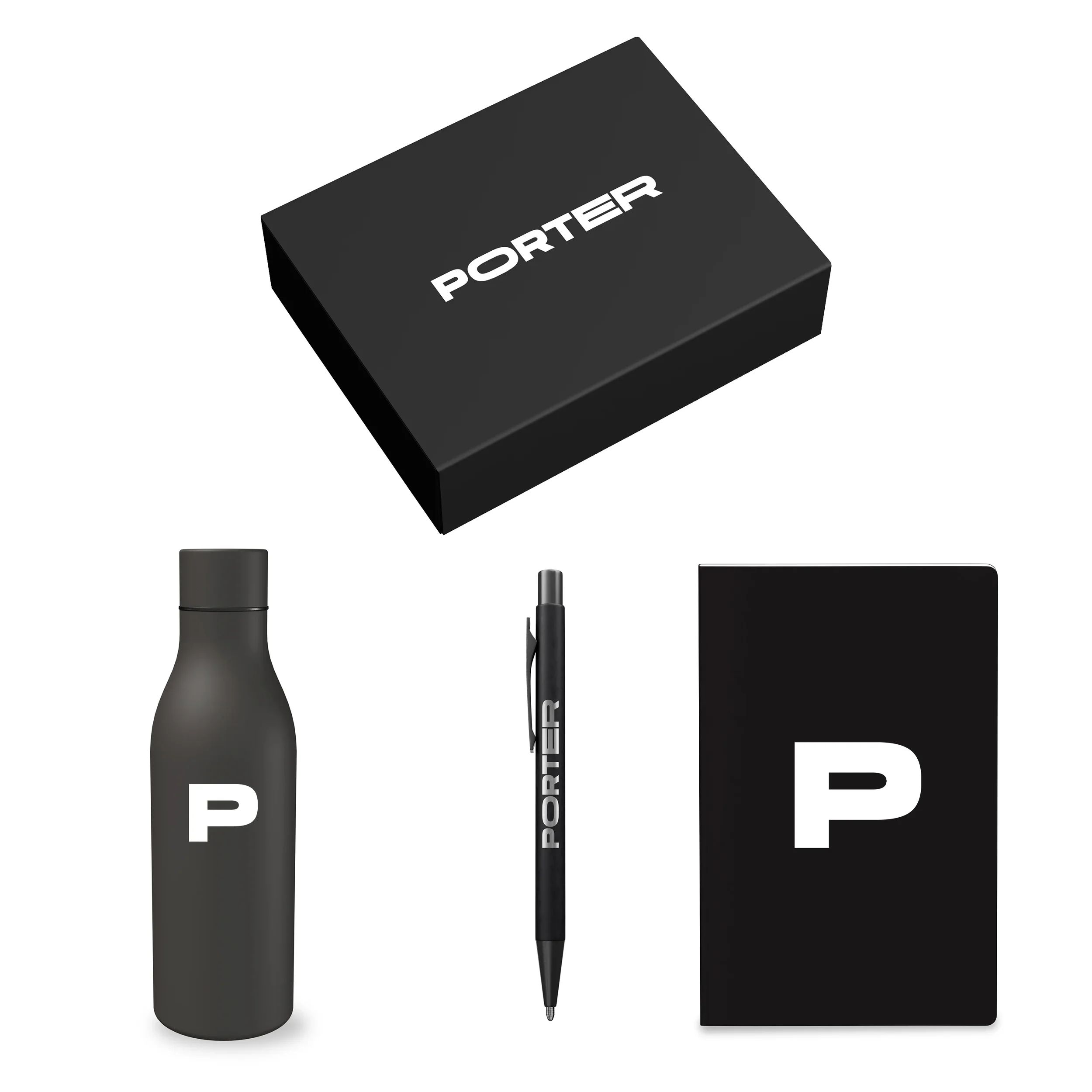 All-black bottle, pen and journal trio displayed beside their matching black gift box.