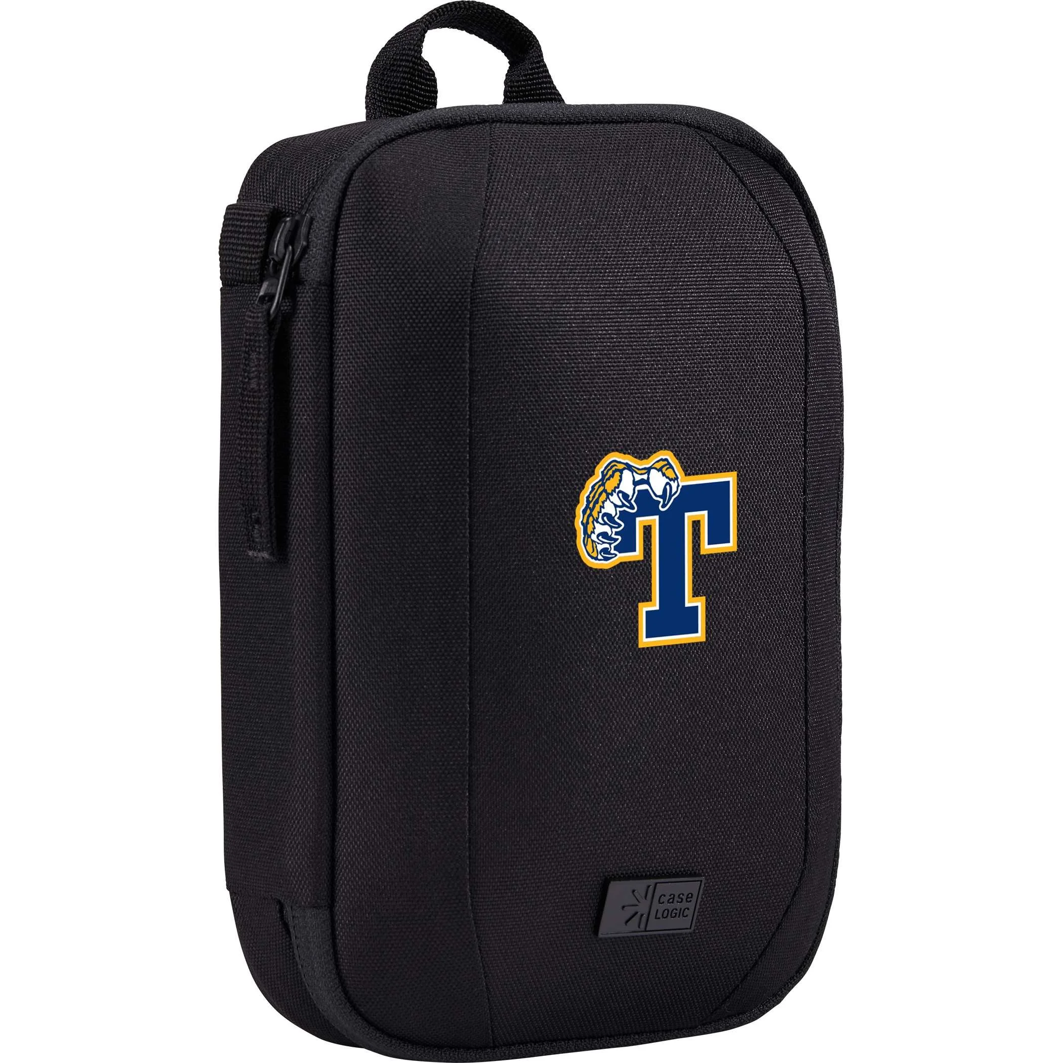 Black Case Logic Invigo accessory case at a three-quarter angle with a custom logo on the front