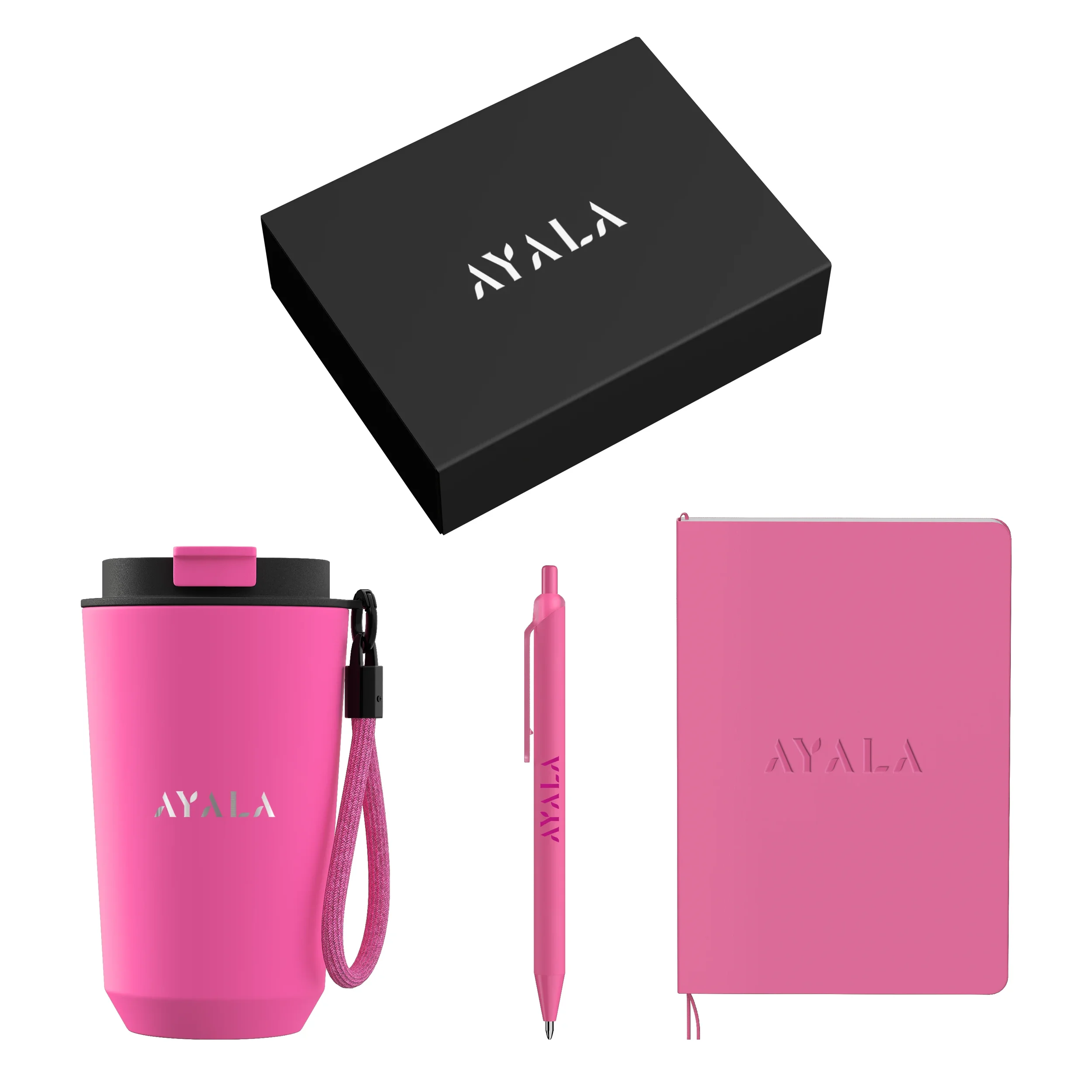 Flamingo pink insulated tumbler with carry strap, matching pen, and notebook laid out beside the black gift box.