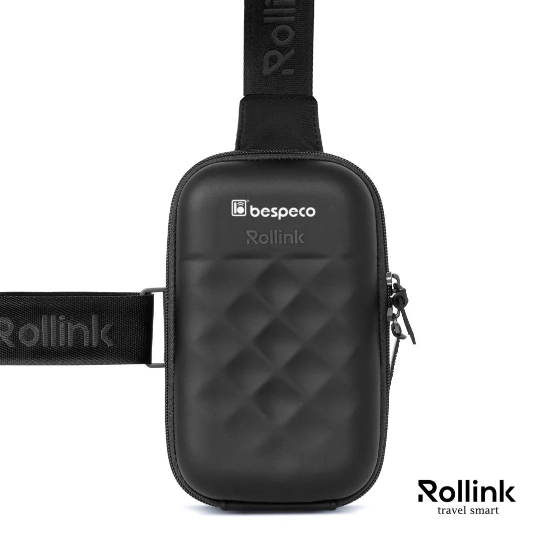 Black Rollink Mini Bag Go hard shell sling travel bag, front view with quilted texture