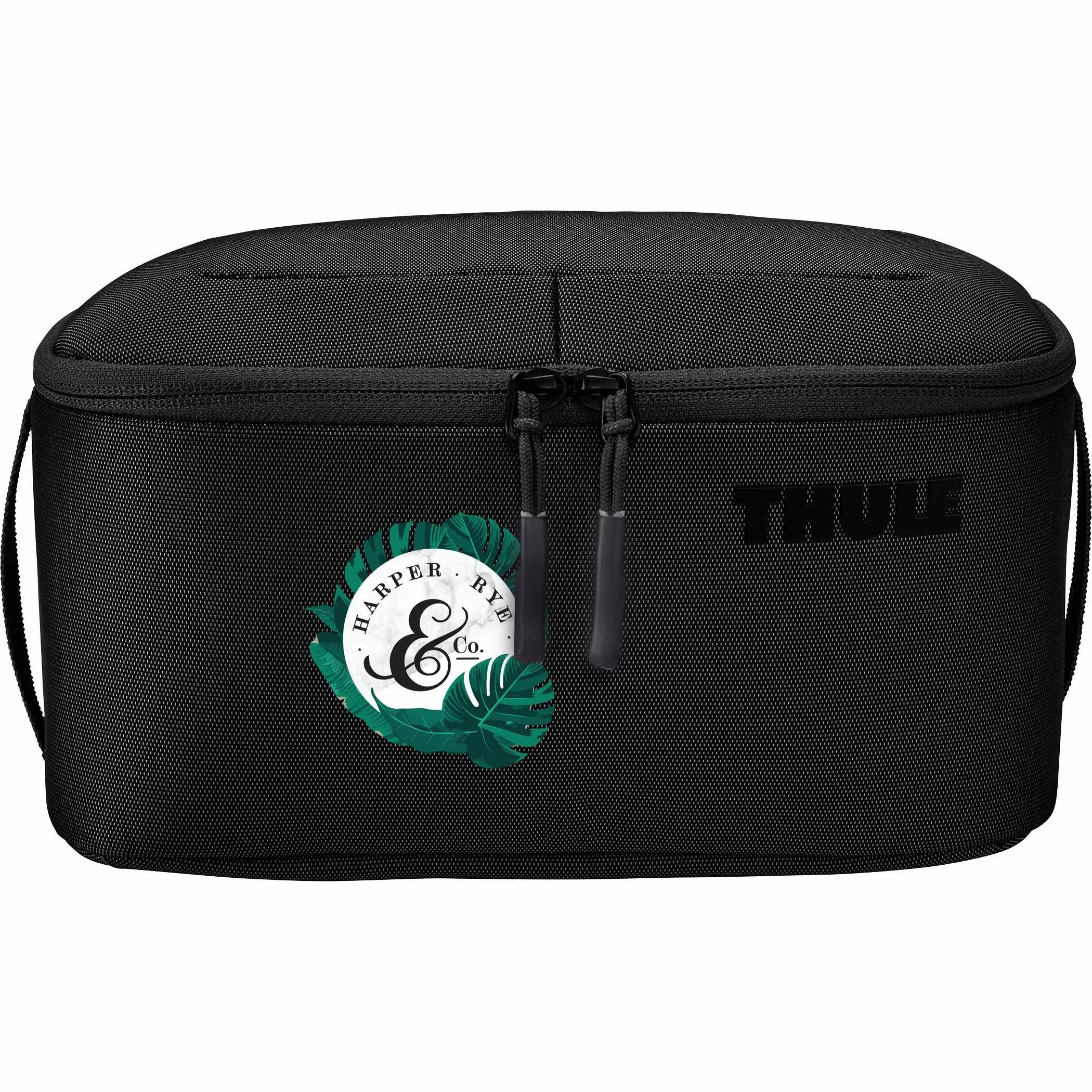 Black Thule Subterra 2 toiletry bag with a custom round logo printed on the front panel