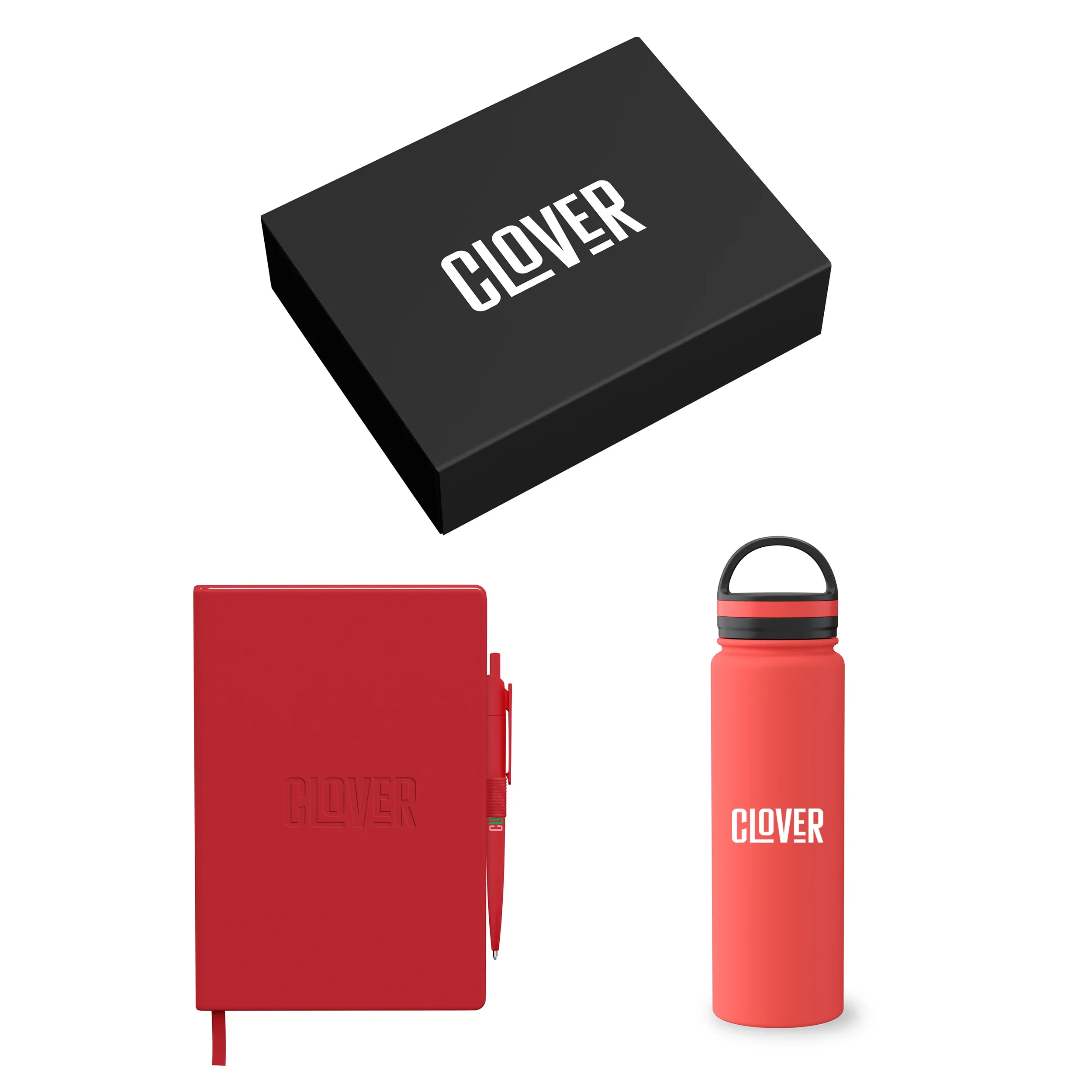 Red journal and matching red bottle propped in front of their black gift box, one of several color options Ontario clients pick for this set.