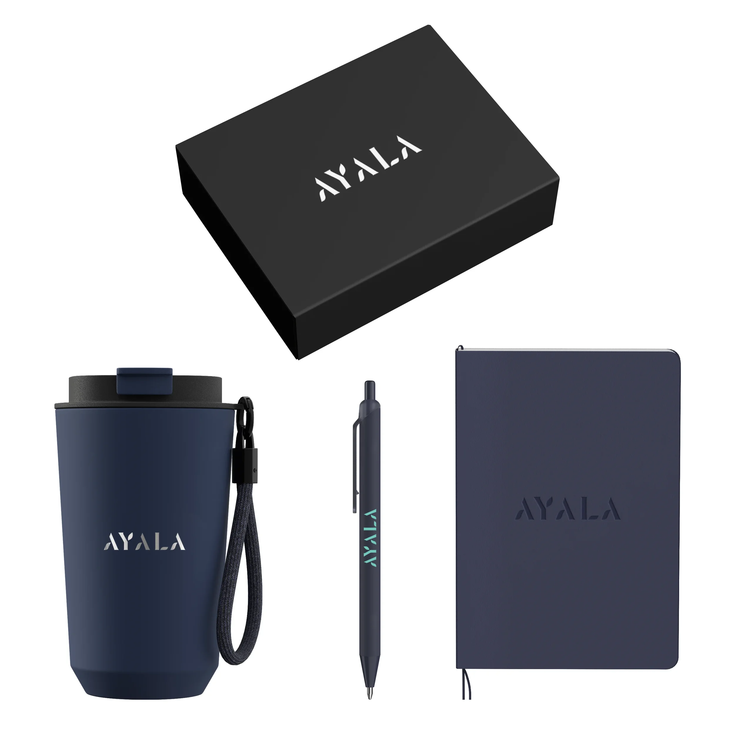 Navy tumbler, pen, and notebook set arranged next to its matching black presentation box.