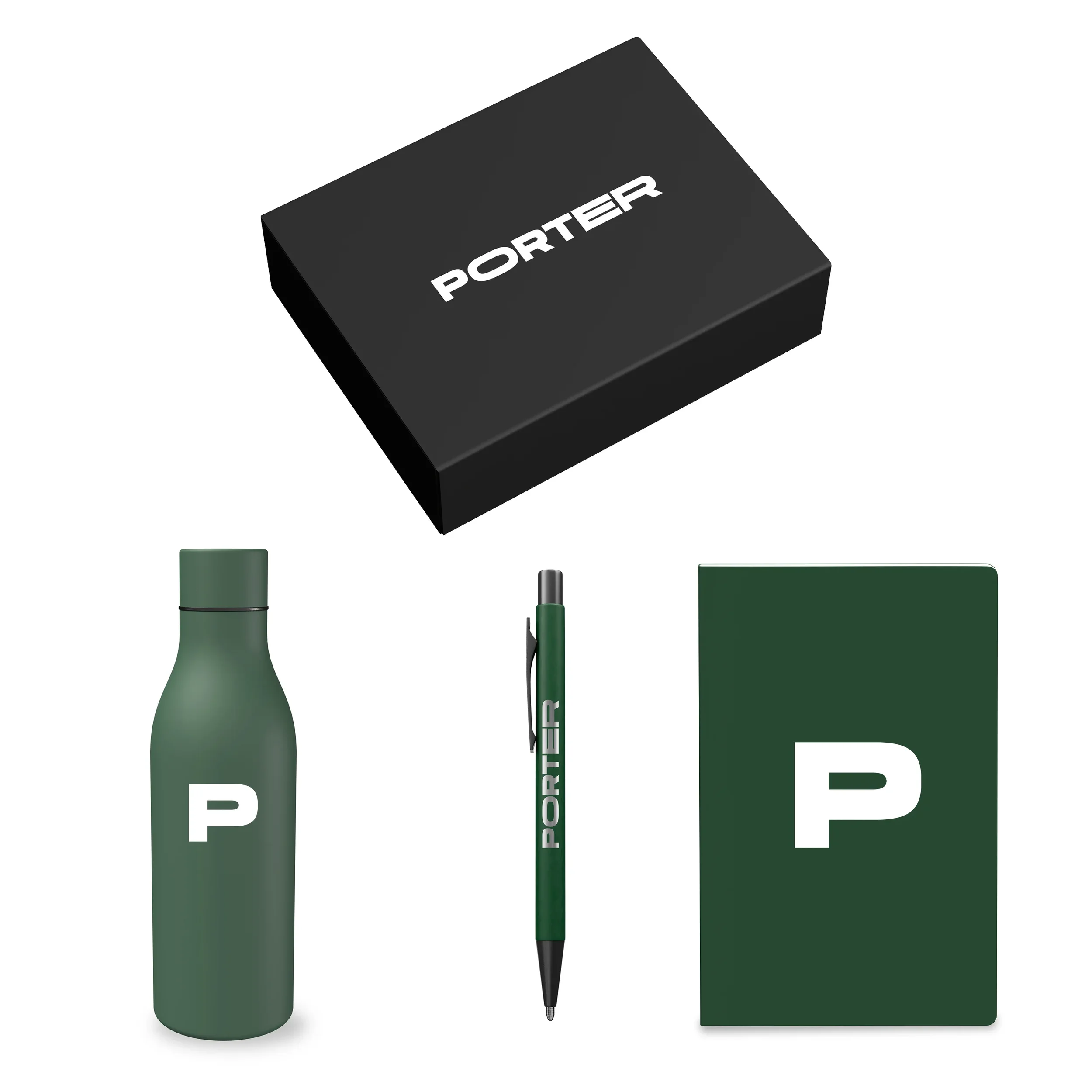 Forest green bottle, pen and journal set laid out in front of the closed black Porter gift box.