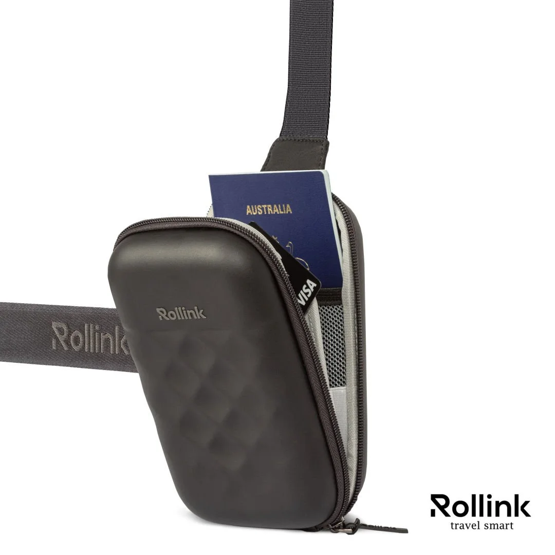 Rollink Mini Bag Go sling bag with the front pocket open and a passport tucked inside