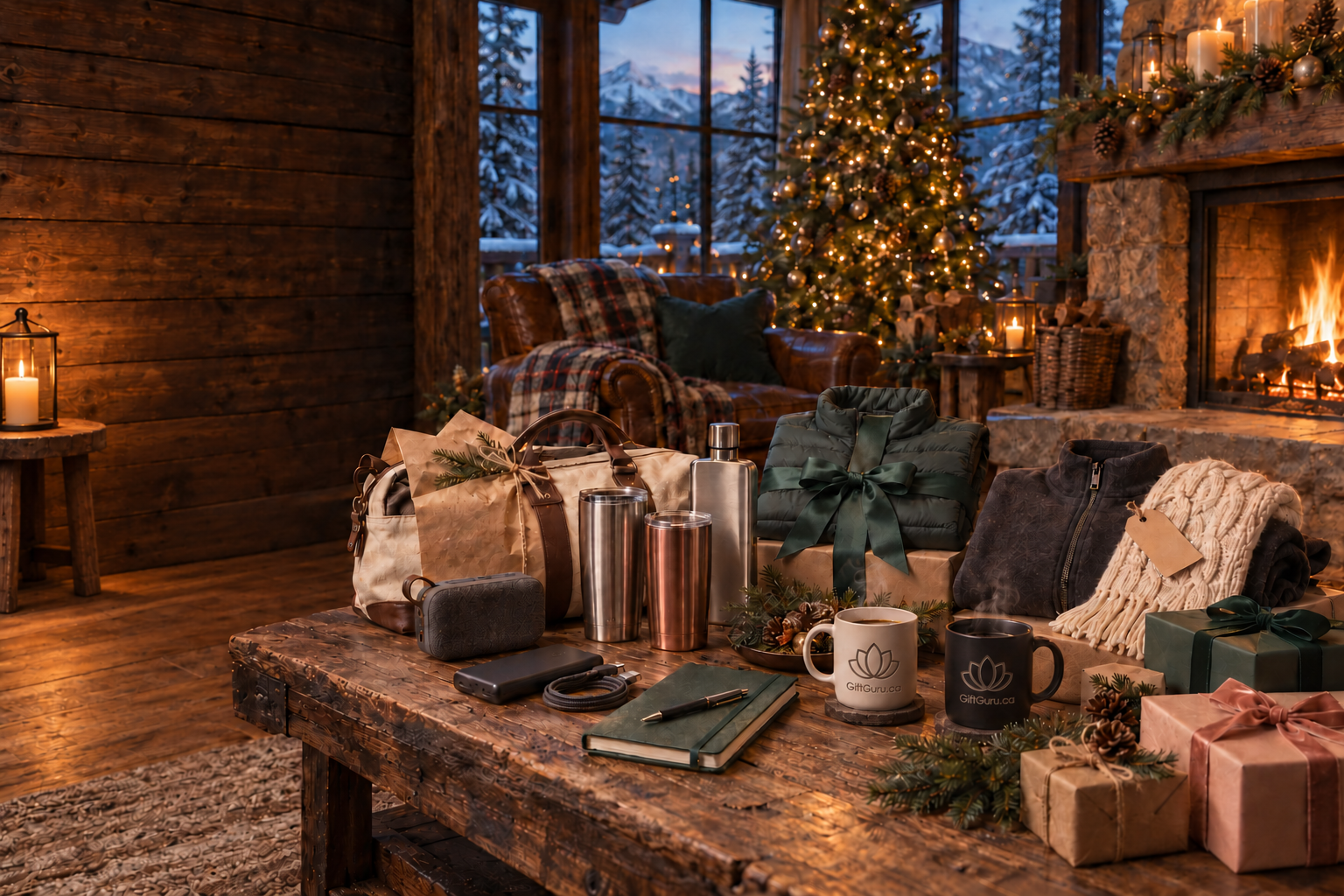 Cozy holiday scene with branded tumblers, mugs, jackets and corporate gifts