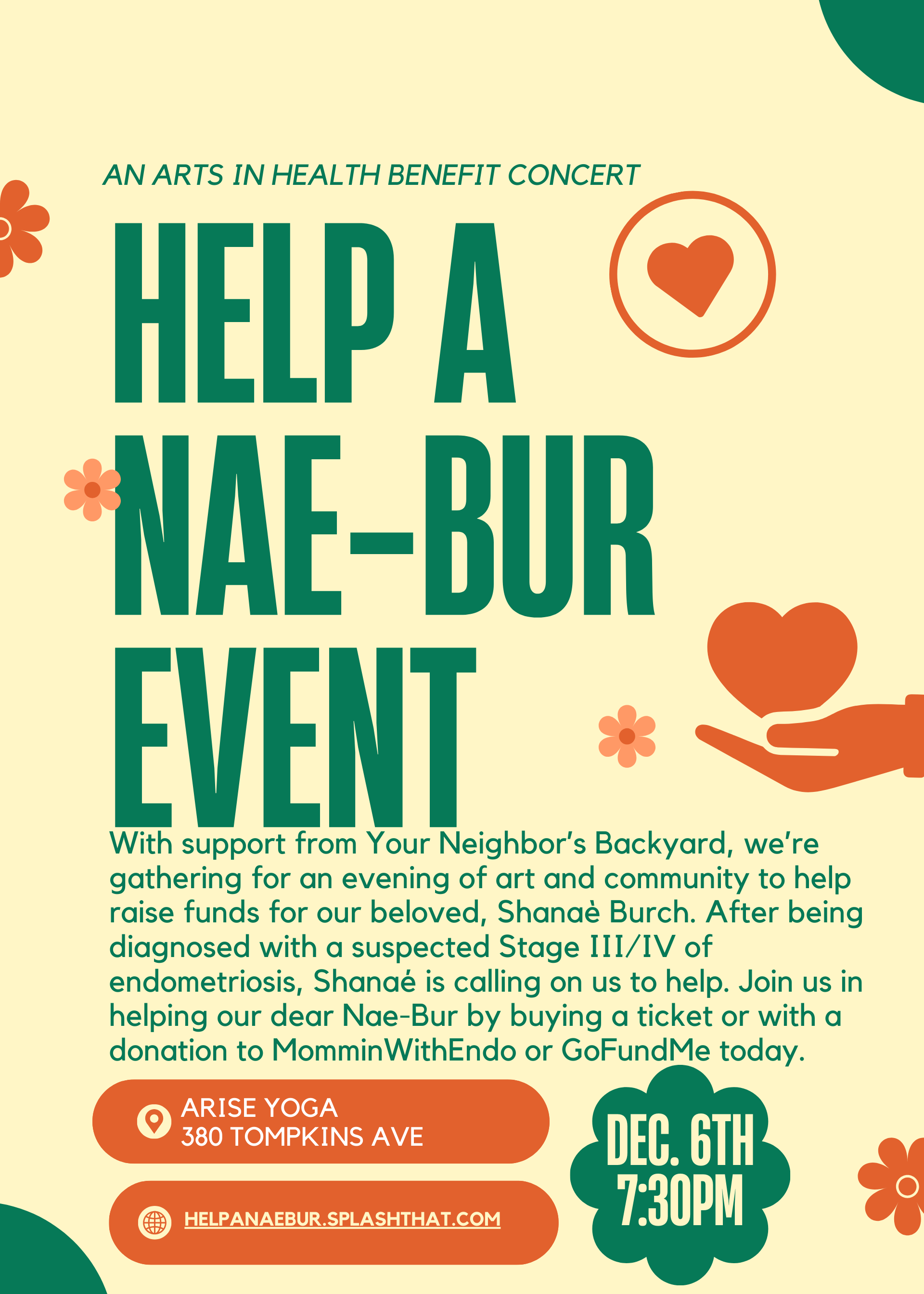 yellow-colored event flyer with green font for arts in health benefit concert  helpanaebur.splashthat.com