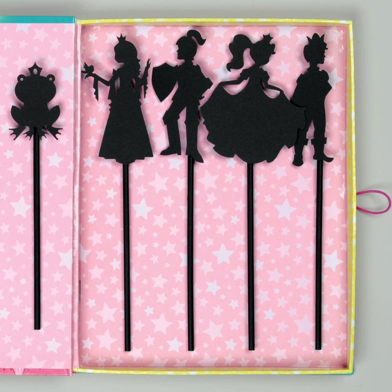 Mudpuppy Shadow Puppets: 8 laser cut puppets on sticks; storybook packaging includes insert with storytelling tips and a brief history of shadow puppets. Package Closed: 7 1/2 x 9 1/4 x 3/4”. Suggested Retail: $16.99; Awards: Oppenheim Toy Portfol