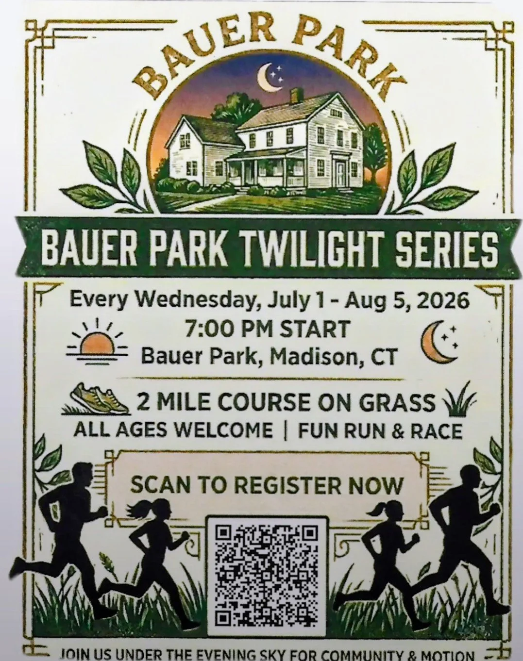 Bauer Park Twilight Series flyer. Every Wednesday, July 1st to August 5th, 2026 at 7:00 PM. A 2-mile course on grass for a fun run and race.