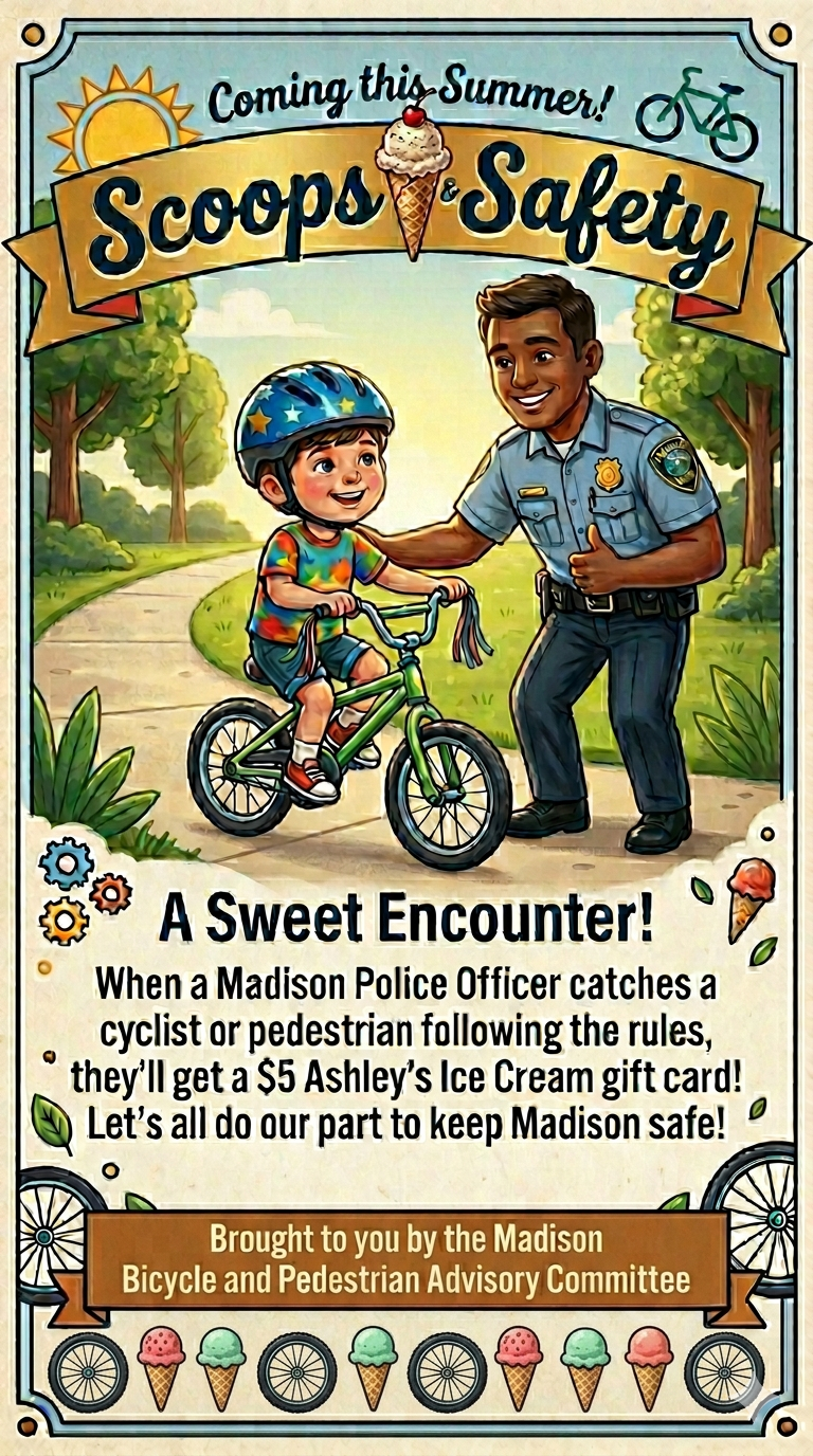 Scoops and Safety program flyer showing a Madison police officer giving a thumbs up to a child on a bicycle wearing a helmet. Features a five dollar Ashley's Ice Cream reward details.