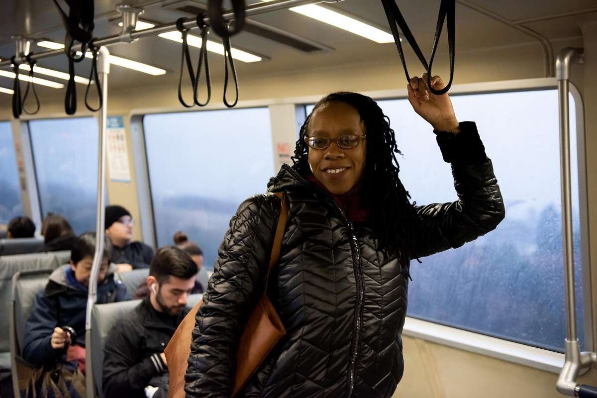  Lateefah Simon, BART's new board president and a single mom who is legally blind, riding BART during her morning commute on January 16, 2020 in Richmond, Calif. 