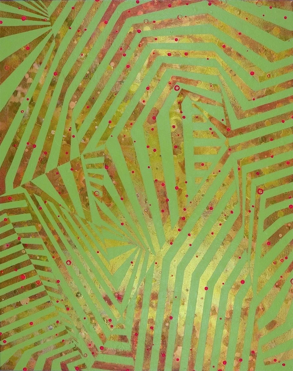 Anne Rynearson "Labyrinthe: - 2020, acrylic (with metallic gold) on canvas, 24”x20”