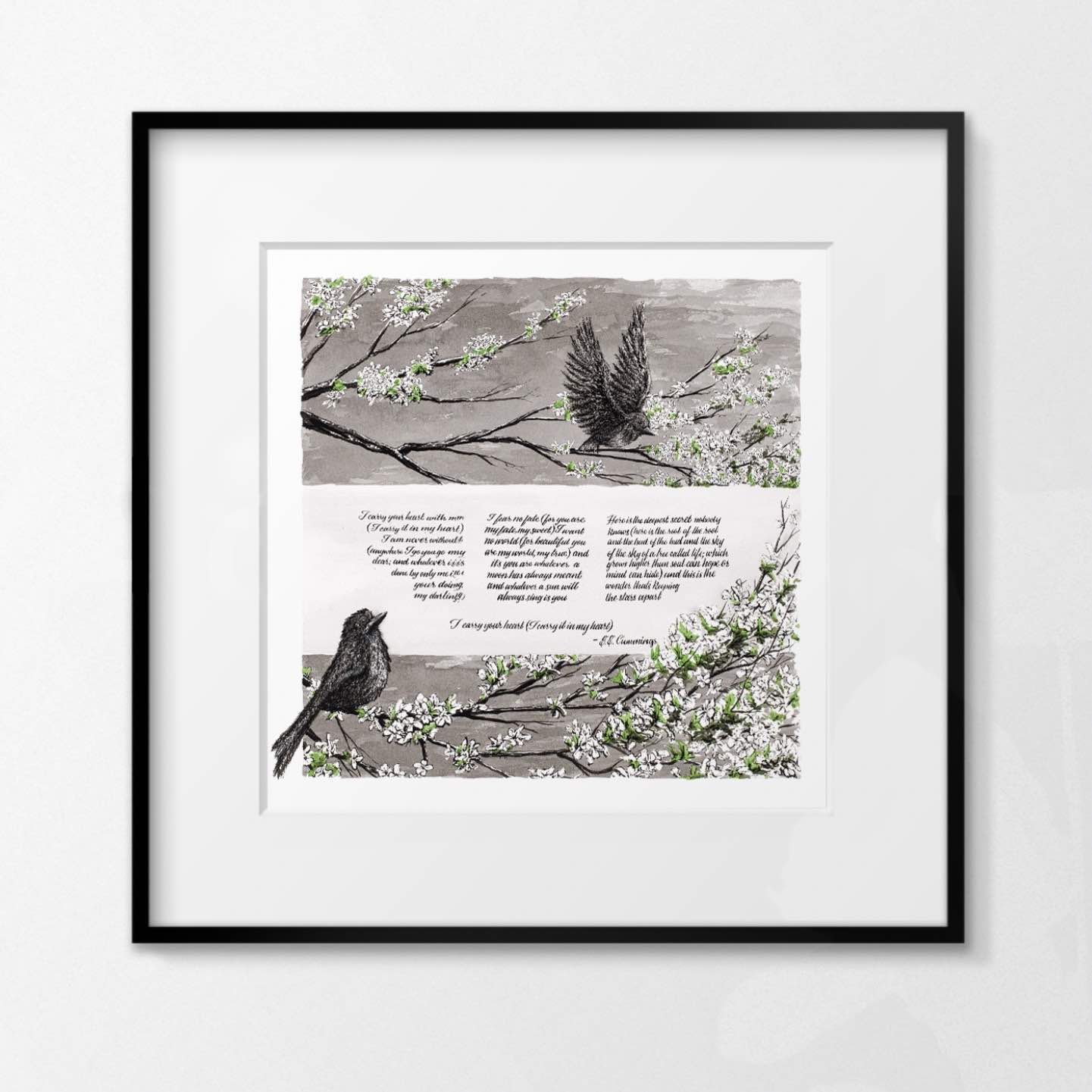 Pair of Birds Gold Leaf Accent Ketubah Grayscale Fall Spring Season Nature Windthrow Asheville North Carolina Jewish Wedding Vow Art.jpg
