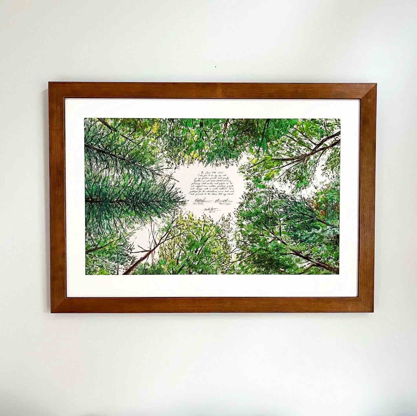 Looking-Up-Ketubah-Green-Colorful-Trees-Forest-Summer-Windthrow-Asheville-North-Carolina-Jewish-Wedding-Vow-Art-Originally-hand-painted-ketubah-for-shorter-text-framed.jpg