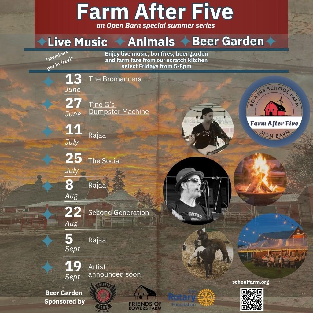 Join us for Farm After Five is this Friday 7/11 from 5-8pm! With Live Music by Rajaa and beer garden sponsored in partnership with Griffin Claw Brewing and Friends of Bowers Farm. Happy to see a great weather forecast for this one! We hope to see y