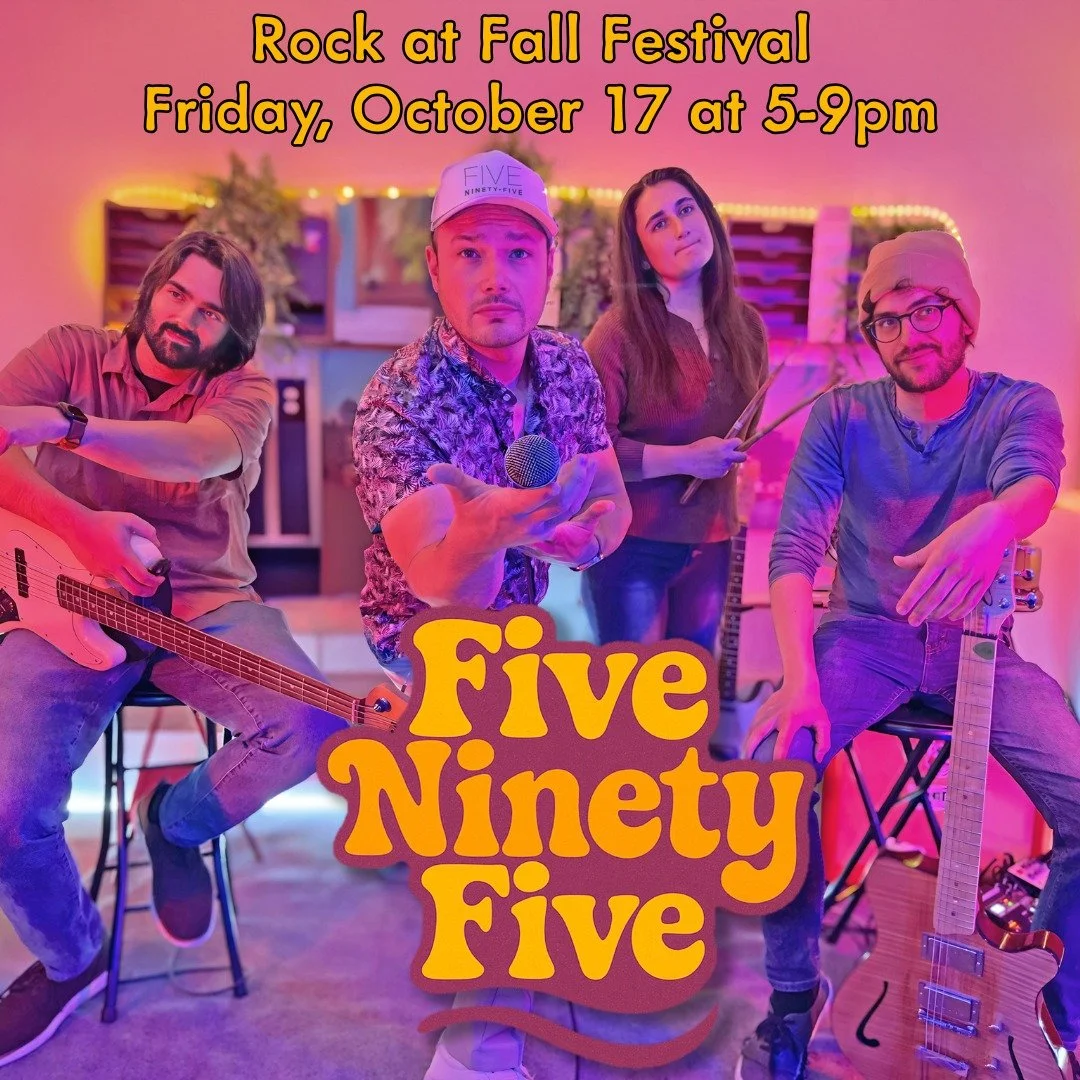 🎃🍂 Fall vibes, live jams, and farm fun! 🍂🎶

Join us THIS FRIDAY from 5-9 pm for our Fall Festival featuring live music from Five Ninety Five! 🎸🔥
While the band plays, enjoy:
🌽 Twists and turns in the corn maze
🎉 Bouncing on the giant jump pad