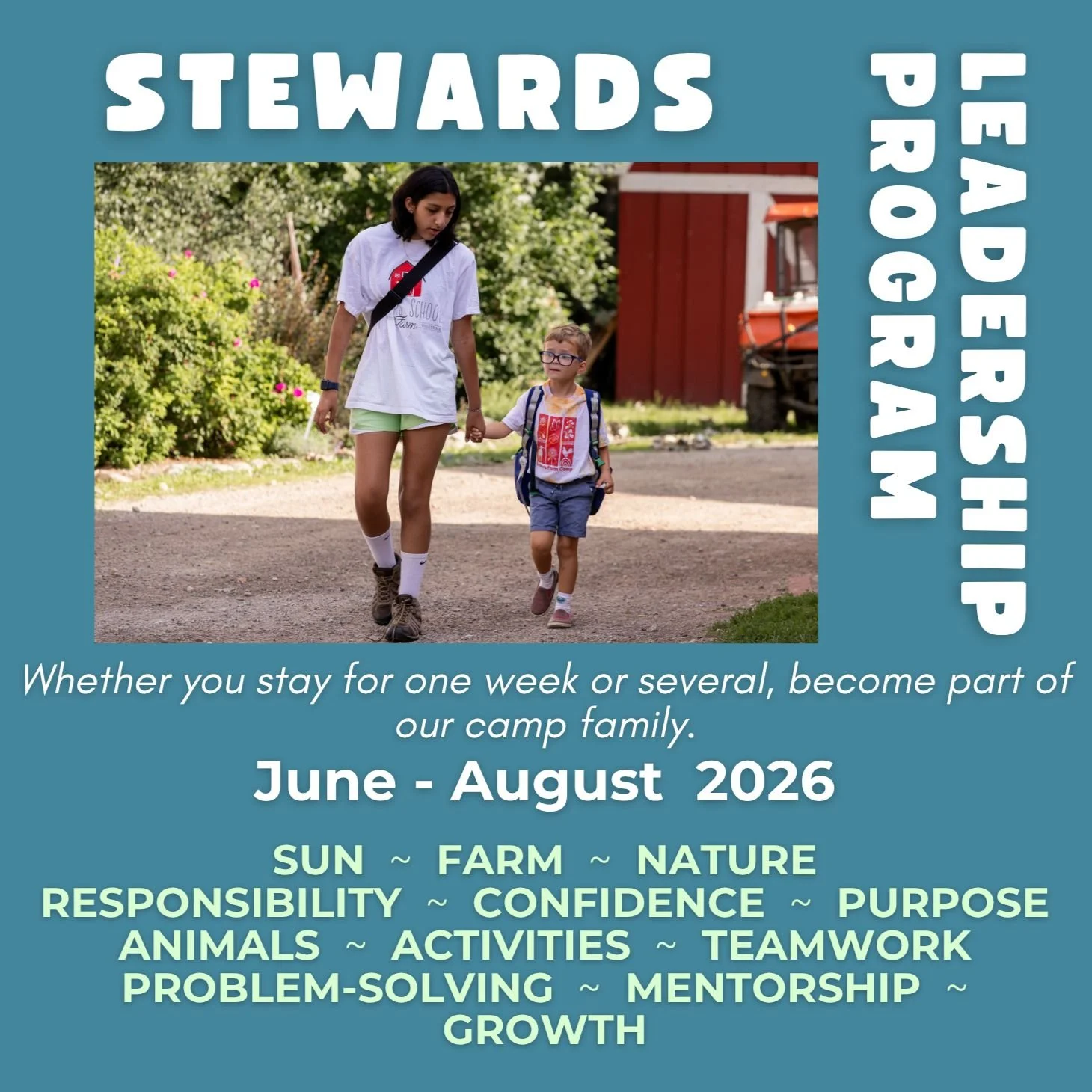 FUN ON THE FARM FOR TEENS!  The Stewards Leadership Program invites young adults, ages 14-18, to develop critical leadership skills and gain fundamental job readiness experience through volunteerism at summer camp.  Stewards bridge the gap between ca