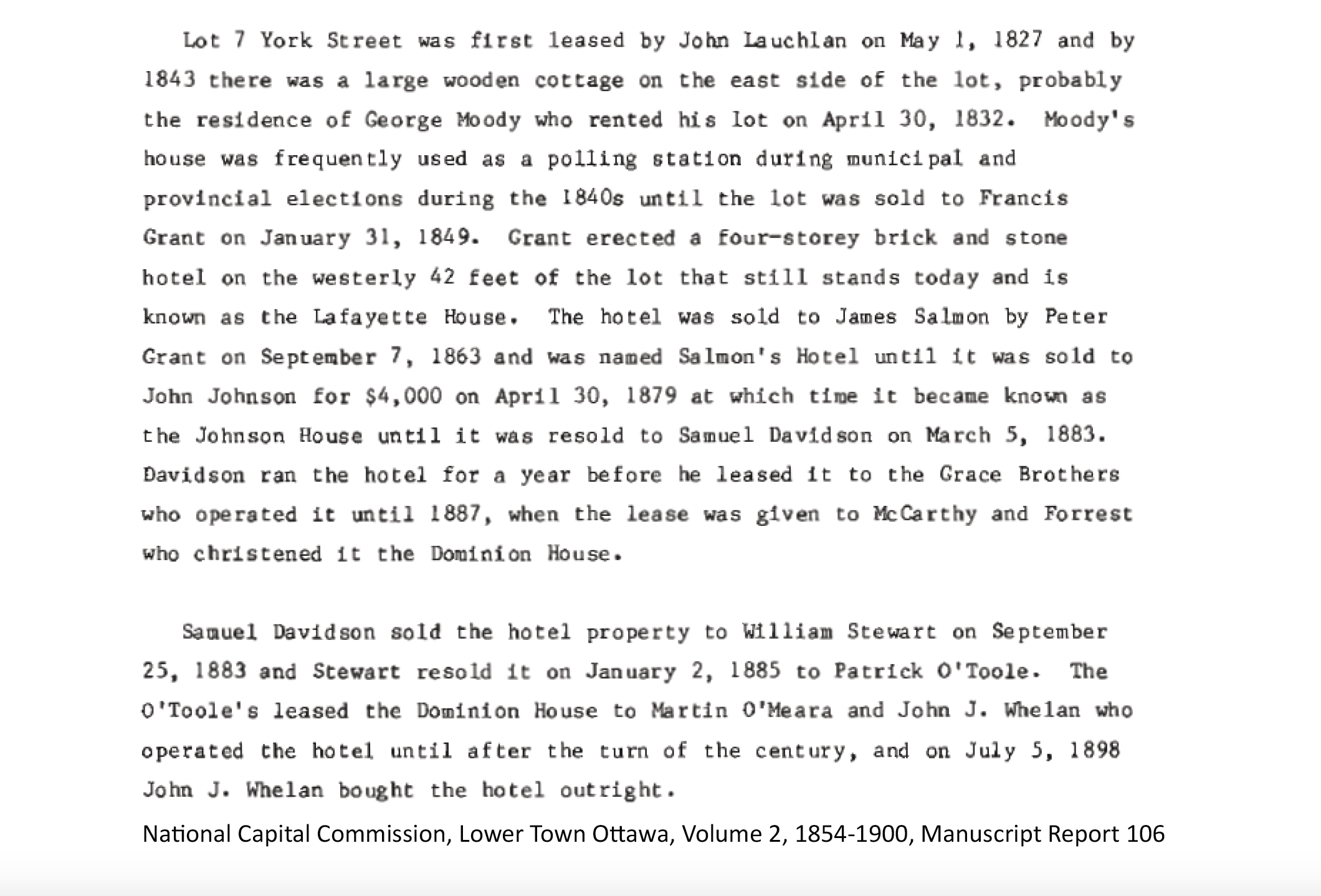 Ceci est un extrait du Rapport manuscrit 106 de la Commission de la capitale nationale, Basse-ville d'Ottawa, Volume 2, 1854-1900. 