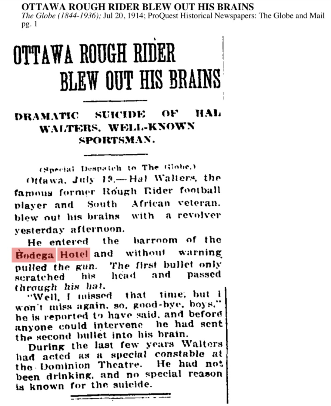 The Globe and Mail, 20 juillet 1914