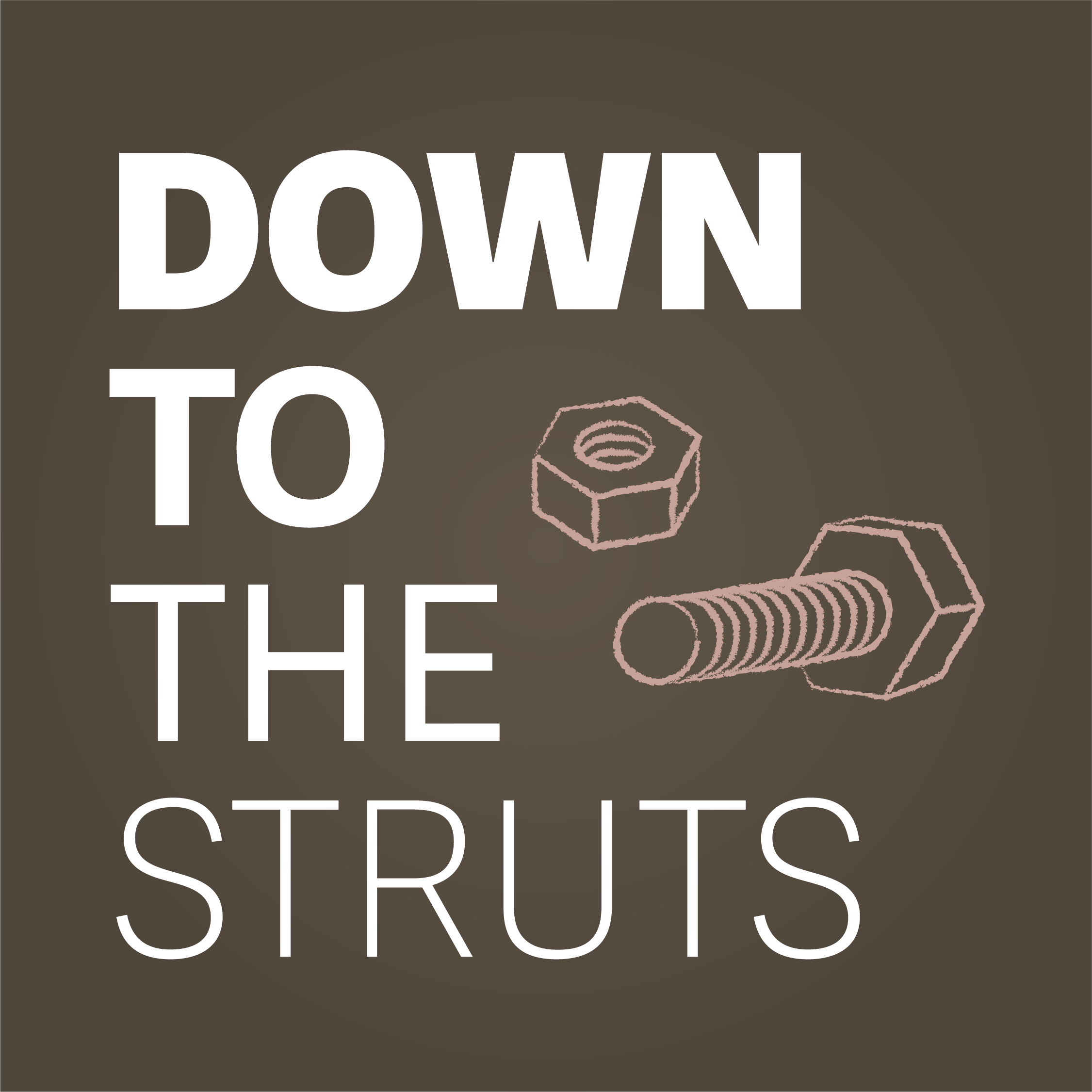 The Down to the Struts logo, a brown background with white text reading Down to the Struts, decreasing in weight down the image. Beside the text is a small pink illustration of a nut and bolt.