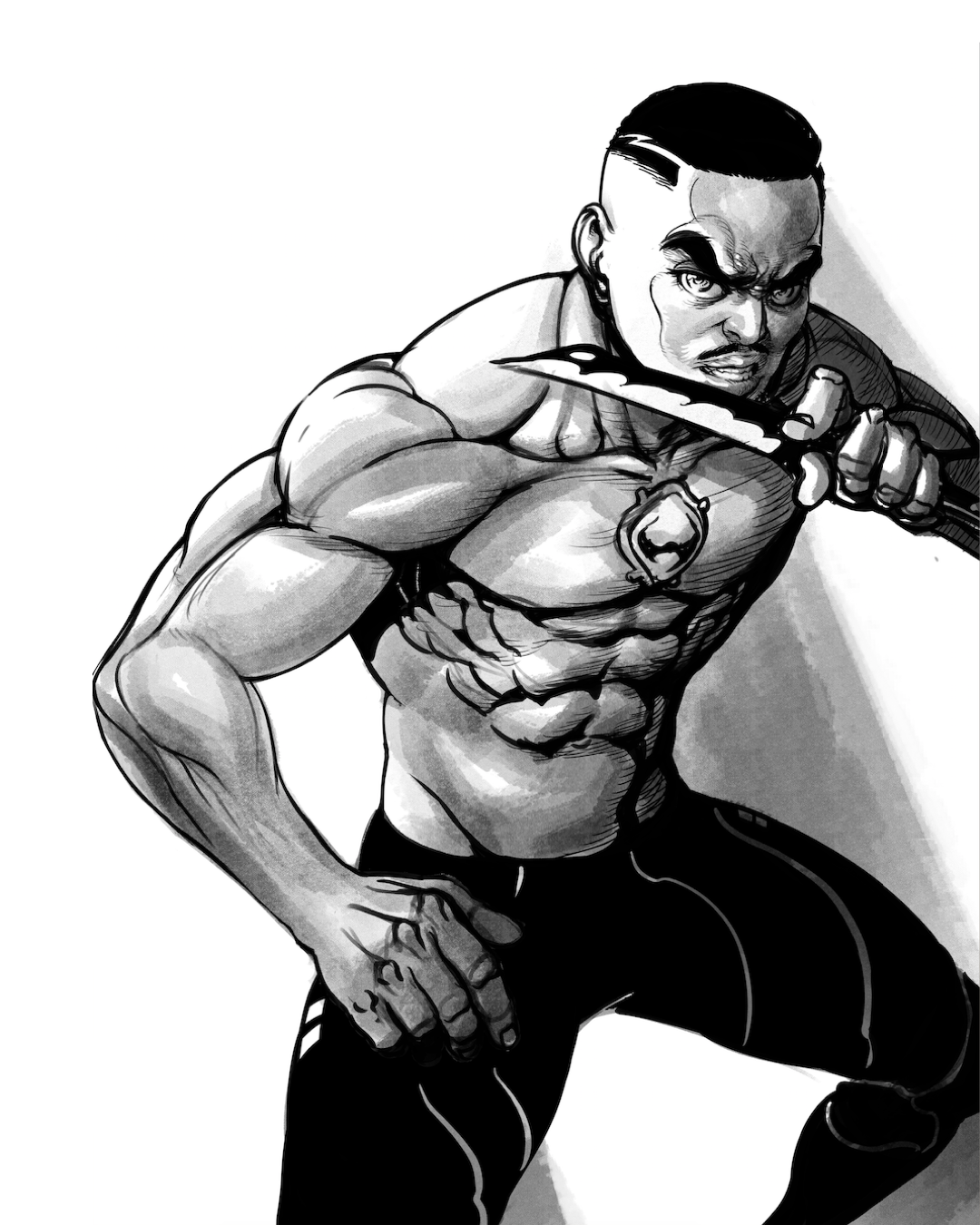 Black and white illustration of a muscular man with a serious expression, holding a dagger in his mouth, wearing fingerless gloves, and ready for combat.