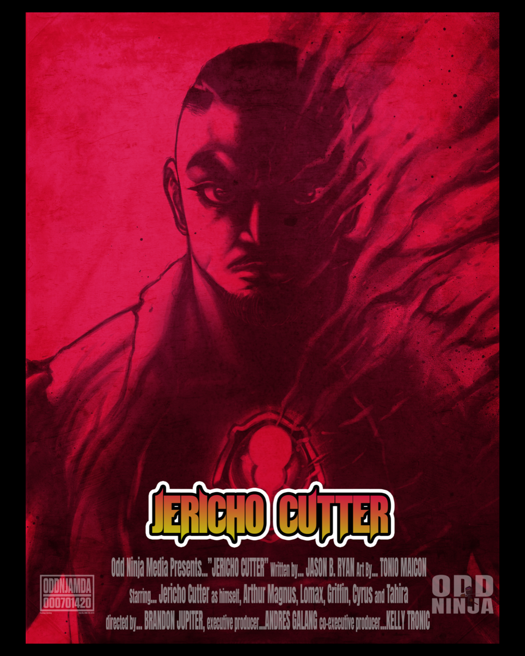 Promotional poster for 'Jericho Cutter' starring Jericho Cutter, featuring a stylized digital illustration of a man with a stern expression, with a red background and text with movie details.