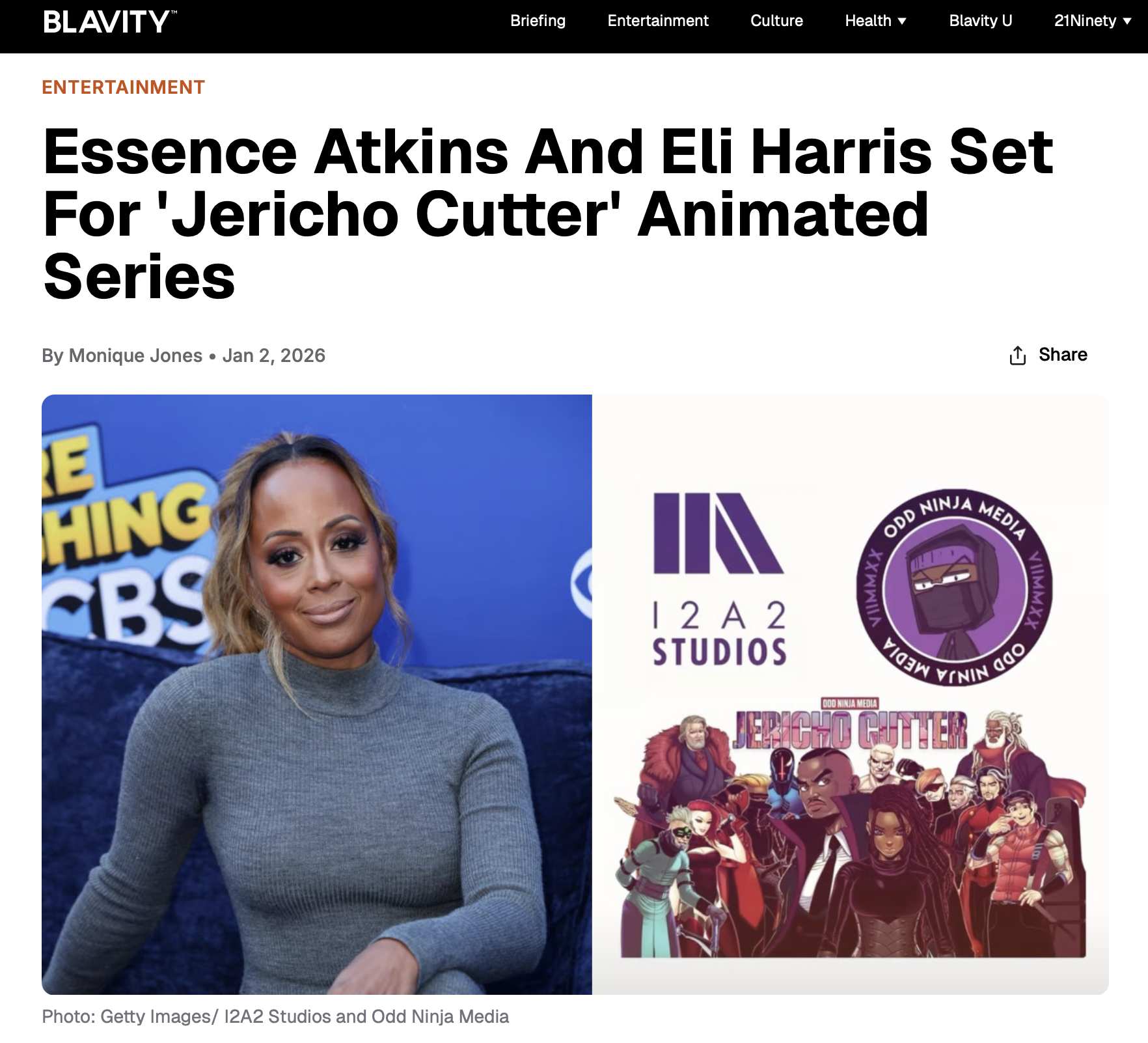 Screenshot of a news article about Essence Atkins and Eli Harris working on the animated series 'Jericho Cutter'. The image shows Essence Atkins sitting on a blue couch, and part of the show's animated characters and logos are visible on the right.