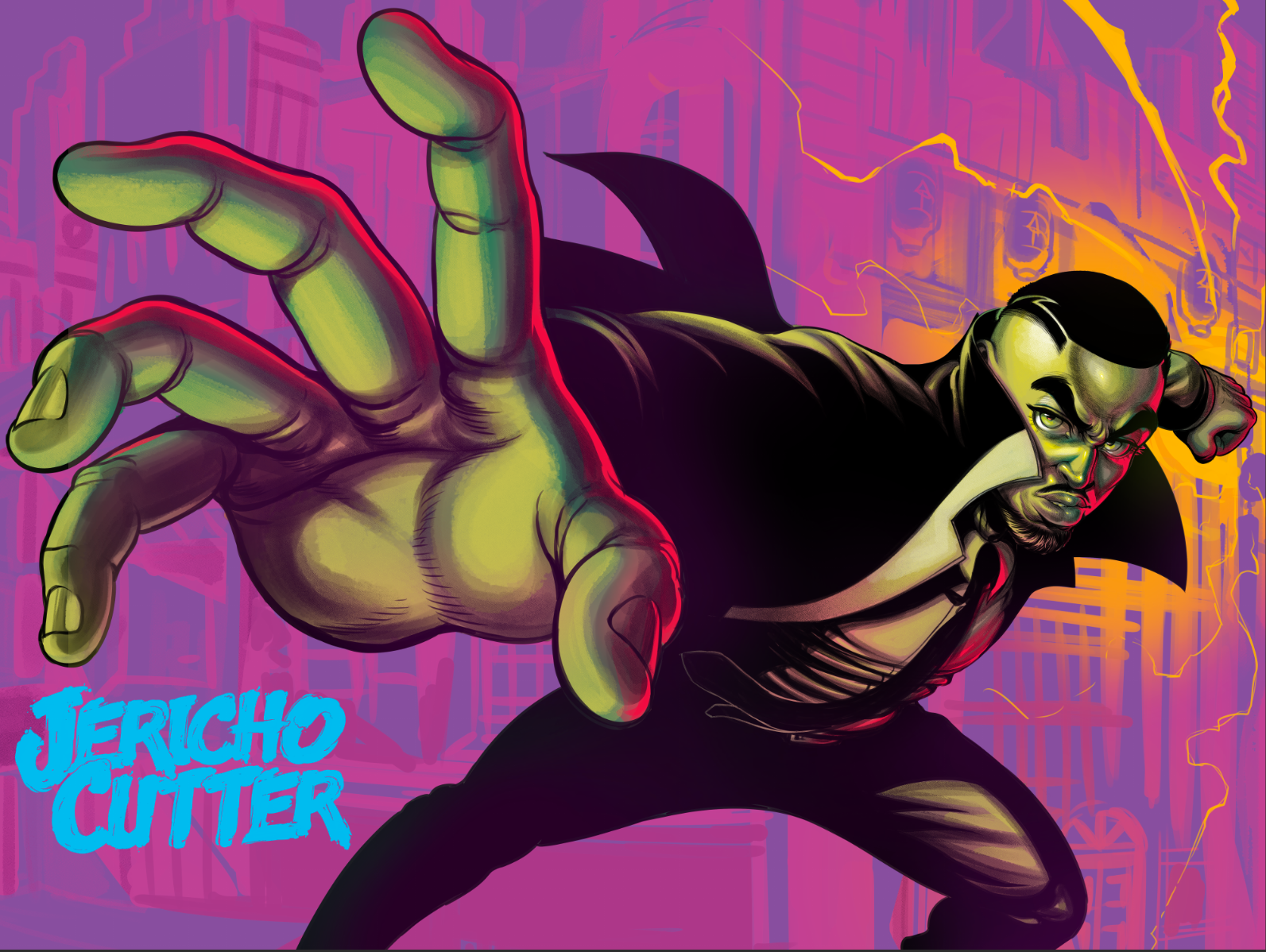 A comic-style illustration of a man with pointed ears and a cape, reaching forward with his hand extended. The background has a futuristic cityscape with purple and orange hues and stylized lightning. The text "JERicho CUTTER" is in bright blue at th